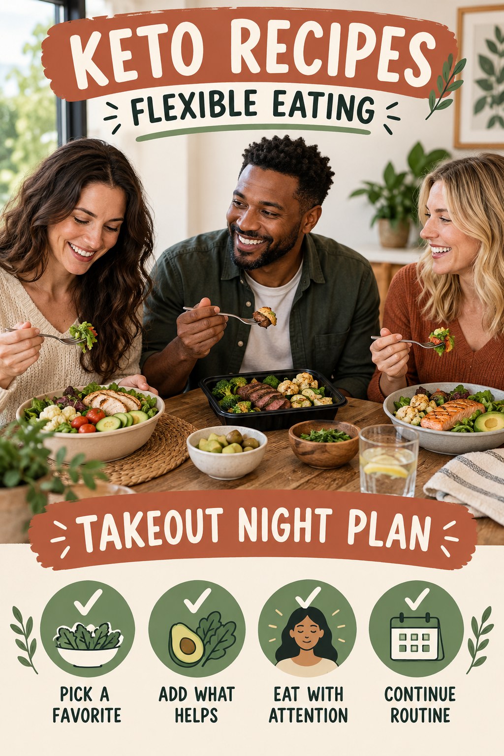 Keto Recipes flexible eating graphic titled Takeout Night Plan with four practical balance prompts.