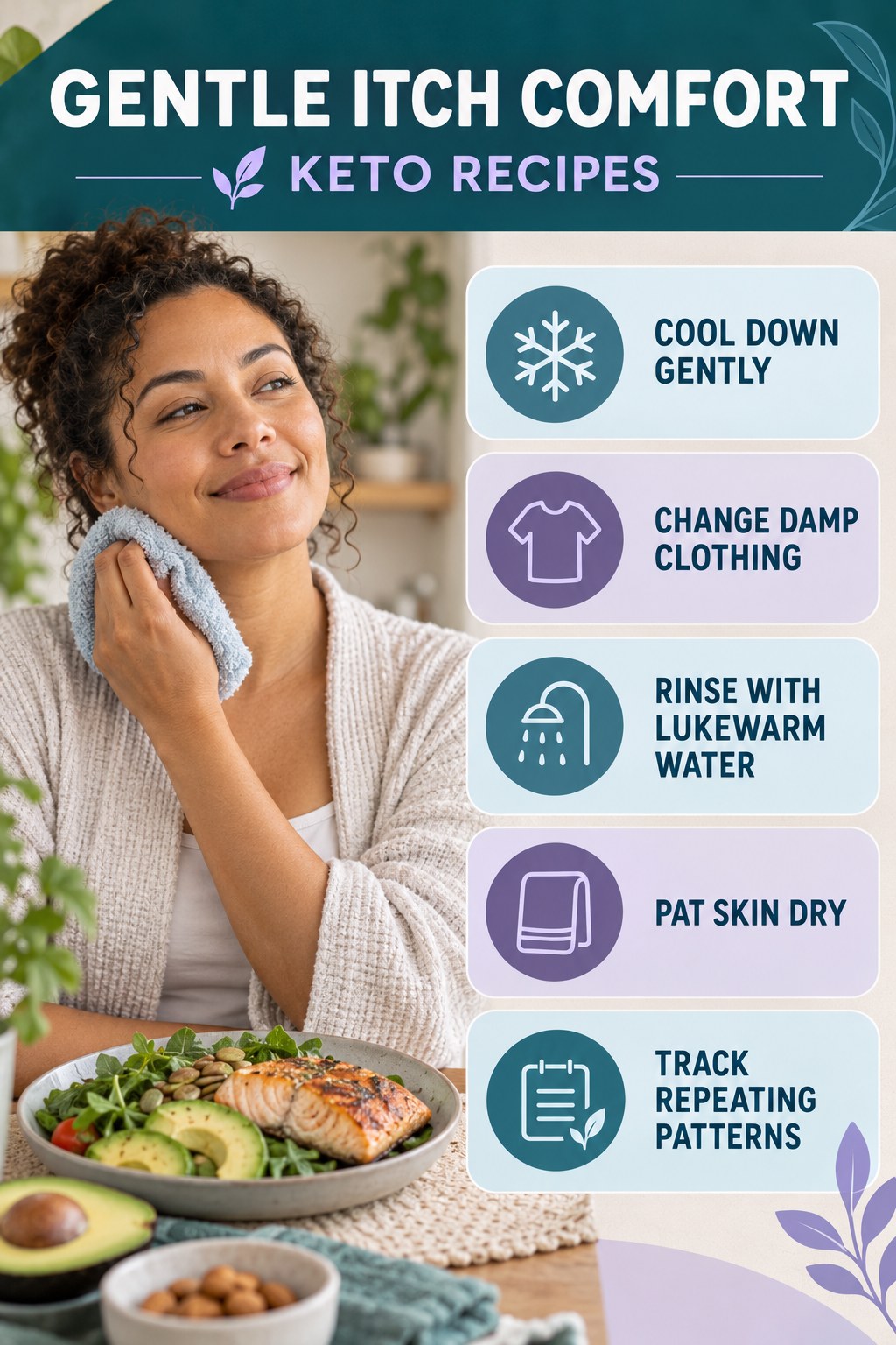 Heat and Sweat Comfort Plan infographic for Keto Recipes with five gentle itchy-skin comfort strategies and a non-diagnostic safety focus.