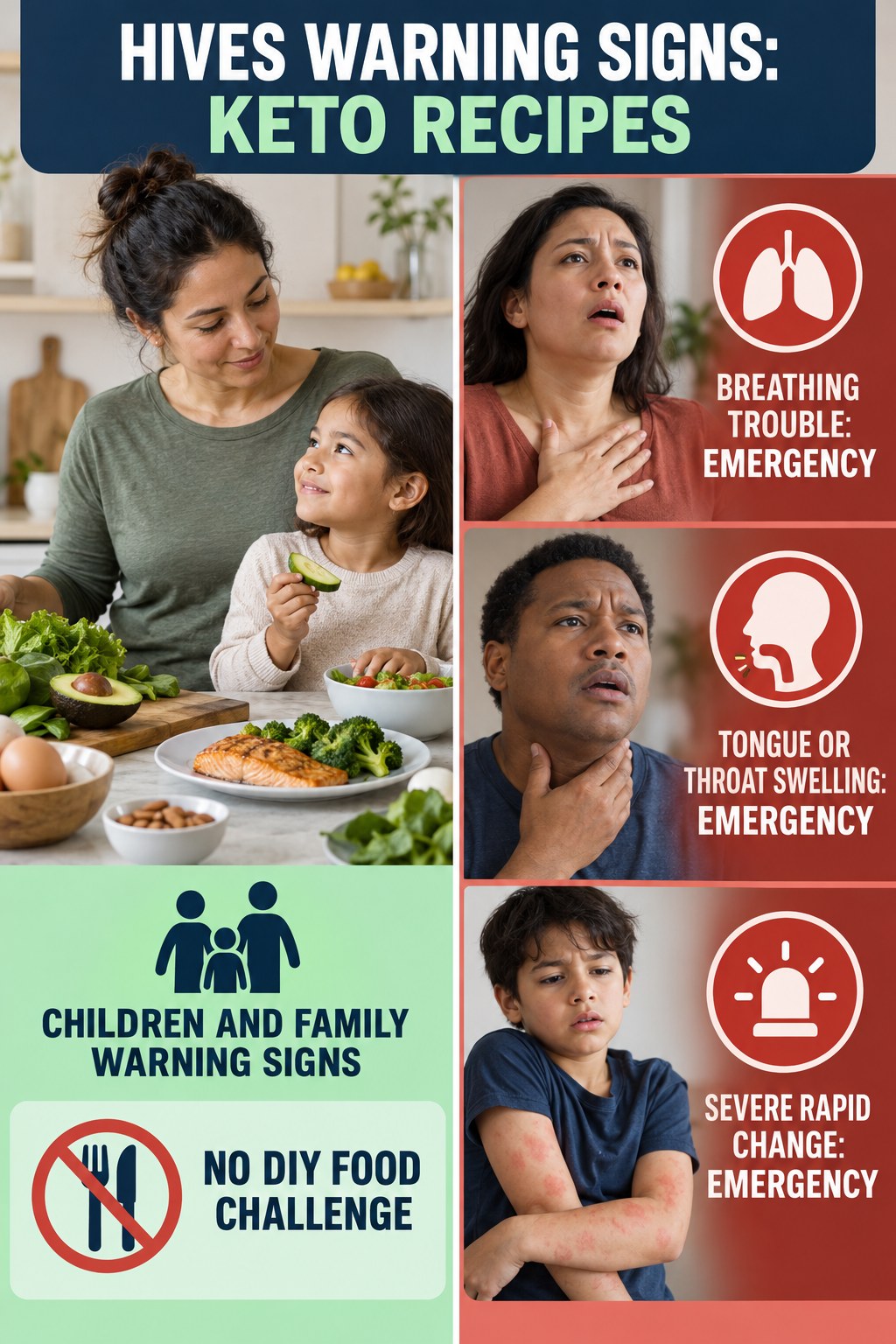 Children and Family Warning Signs infographic for Keto Recipes, highlighting urgent breathing, throat, swelling, fainting, and rapid-progression warning signs without diagnosing hives.