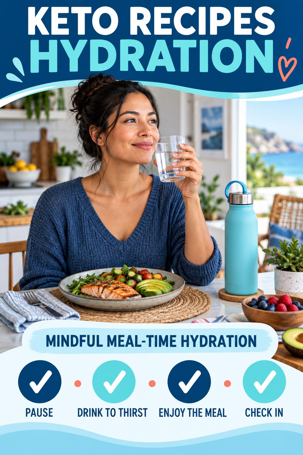 Keto Recipes hydration graphic titled Mindful Meal-Time Hydration with four flexible water-habit prompts and no fixed intake target.