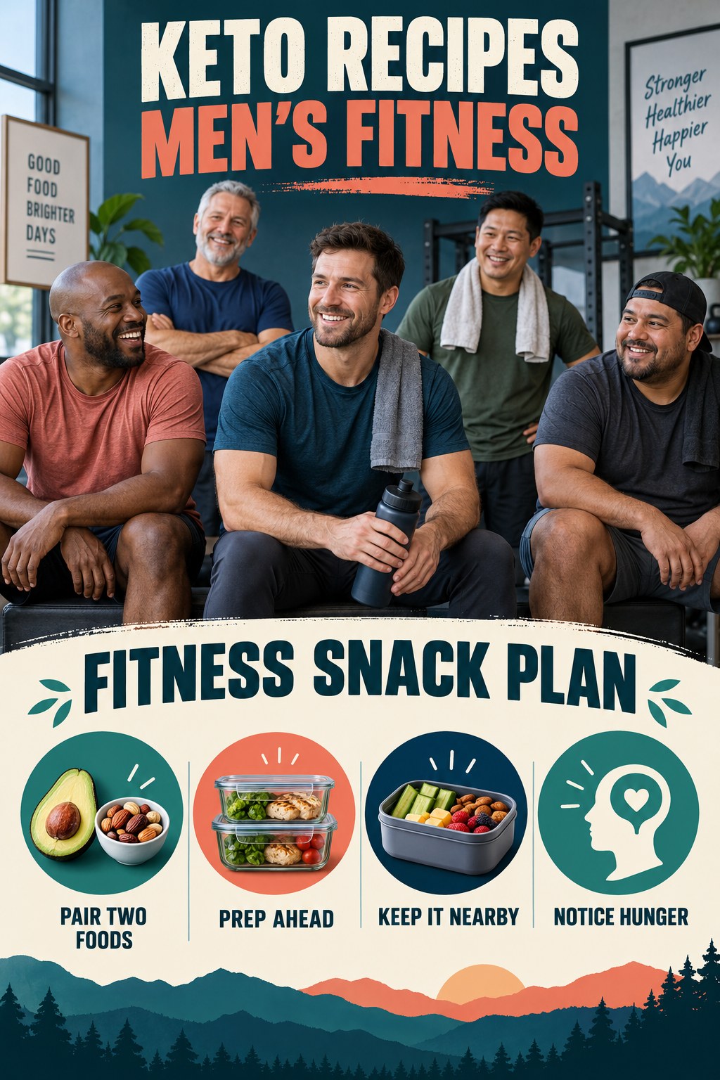 Keto Recipes men’s fitness graphic titled Fitness Snack Plan with four practical training prompts.