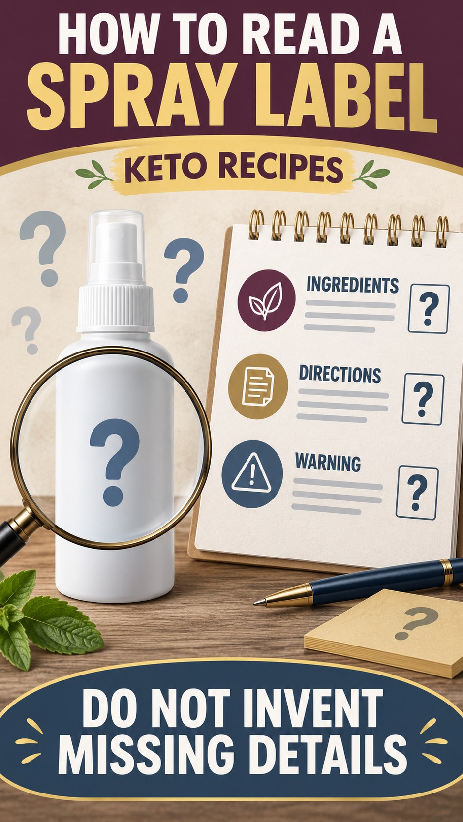 Missing Information Audit infographic for Keto Recipes, showing a generic spray-label checklist that separates available facts, missing details, and evidence questions.