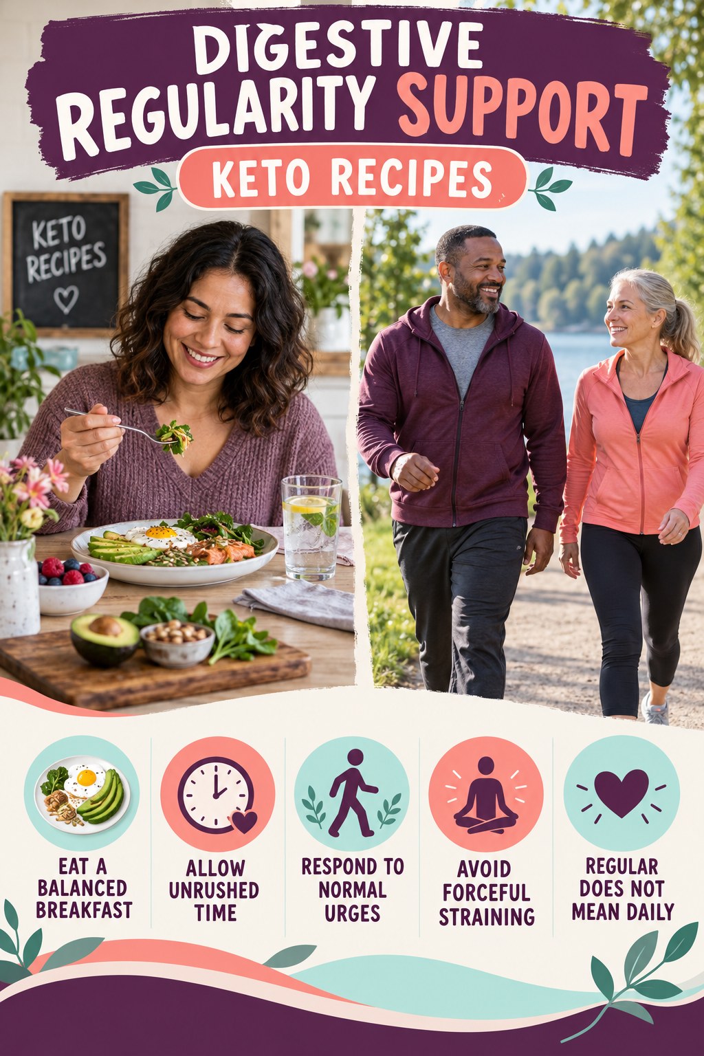 Morning Digestive Wellness infographic for Keto Recipes with five practical food, hydration, movement, or routine actions and no cleanse claims.