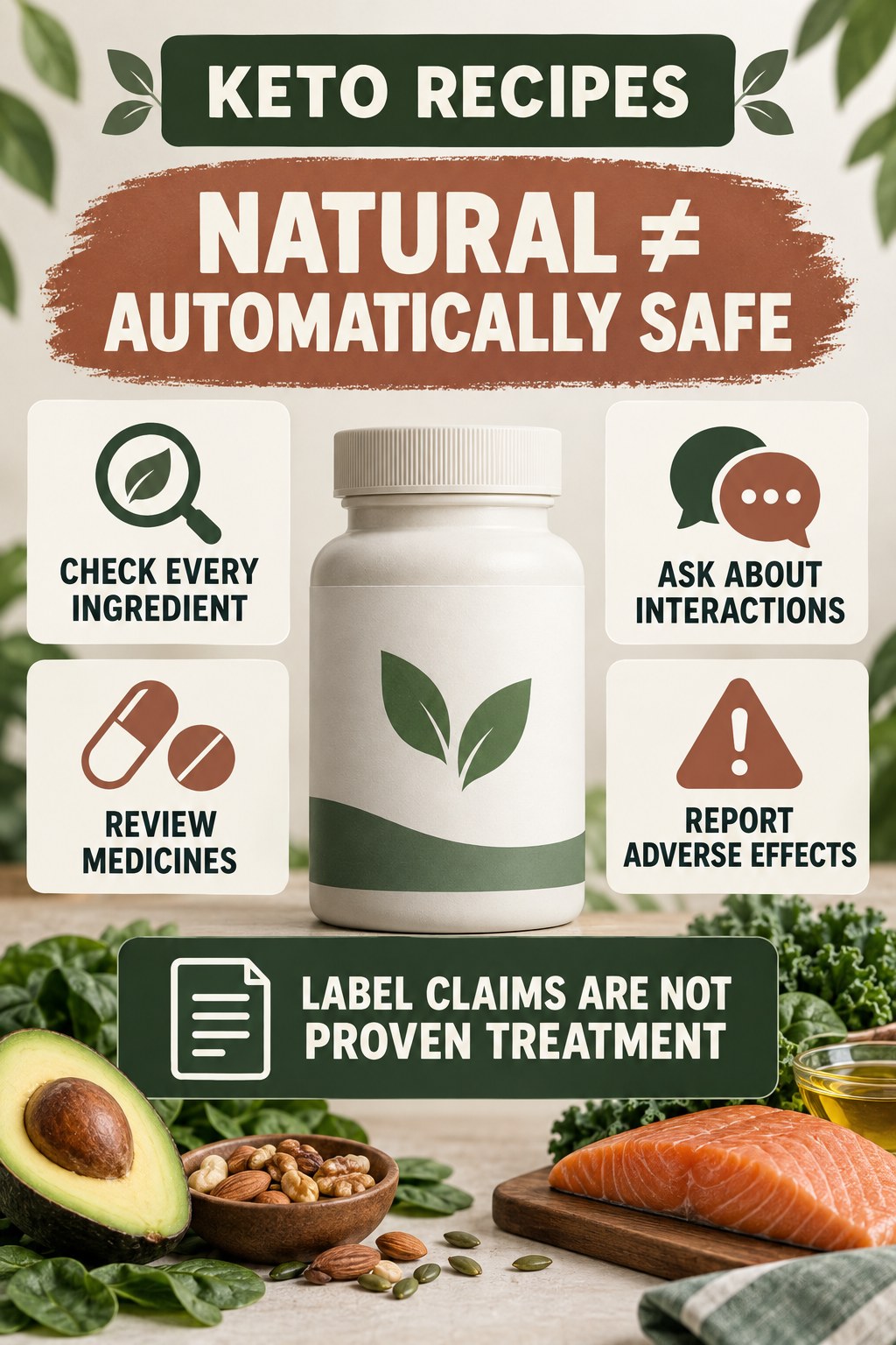Natural Does Not Mean Risk-Free prostate supplement label-literacy infographic for Keto Recipes with four careful reading points.