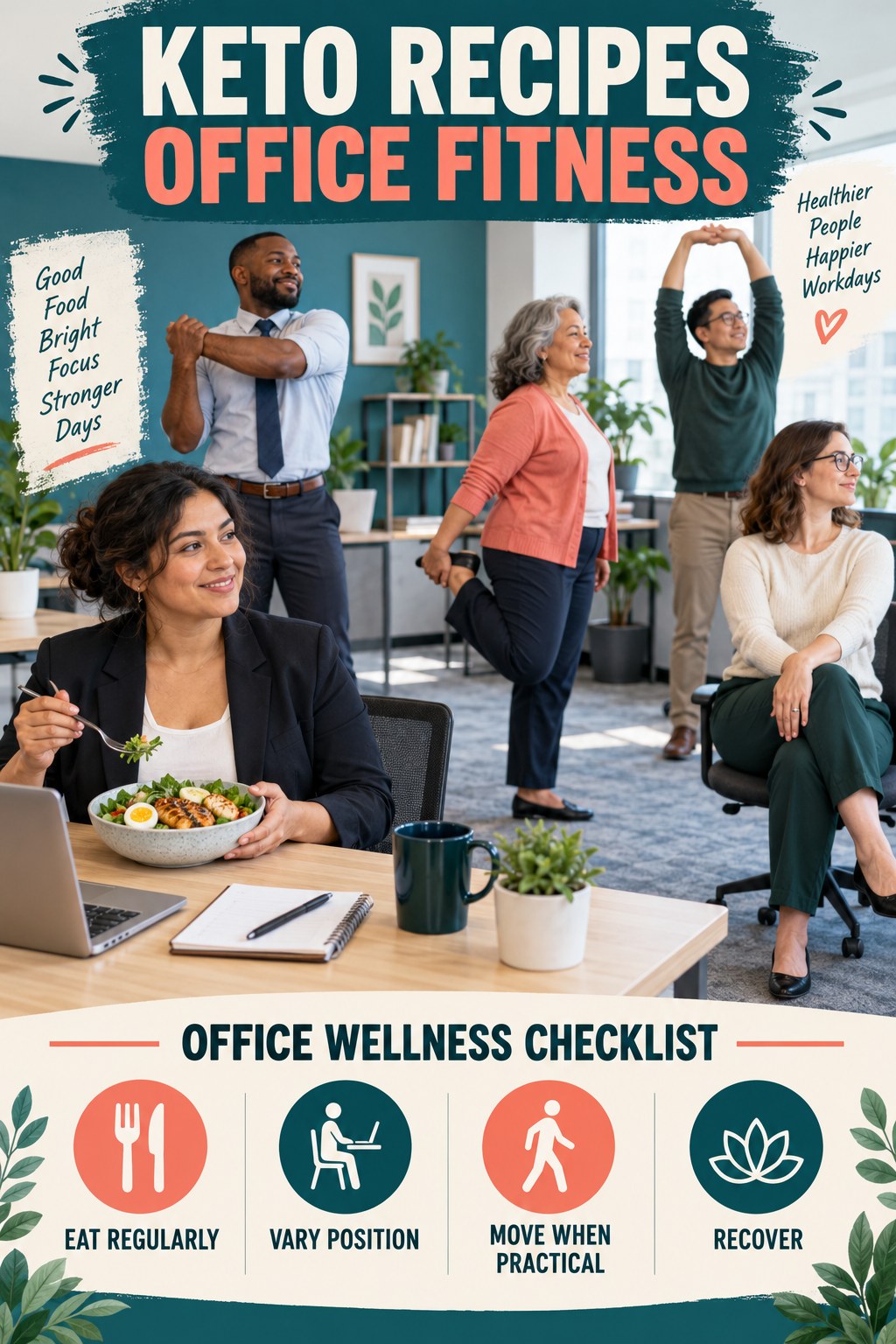 Keto Recipes office-fitness graphic titled Office Wellness Checklist with four practical workday movement prompts.