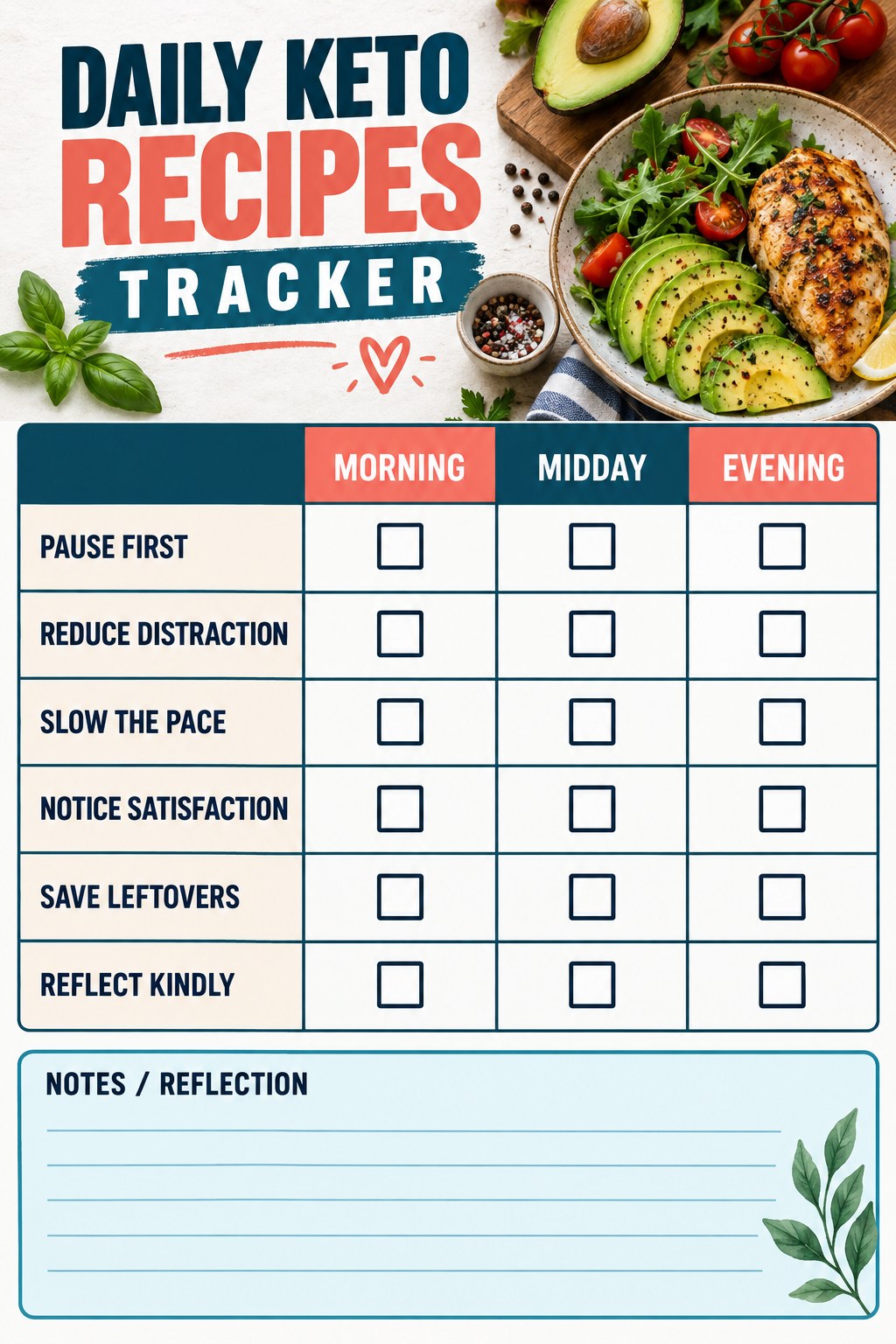 Daily Keto Recipes printable-style tracker graphic with six labeled rows, empty checkboxes, and a reflection area.