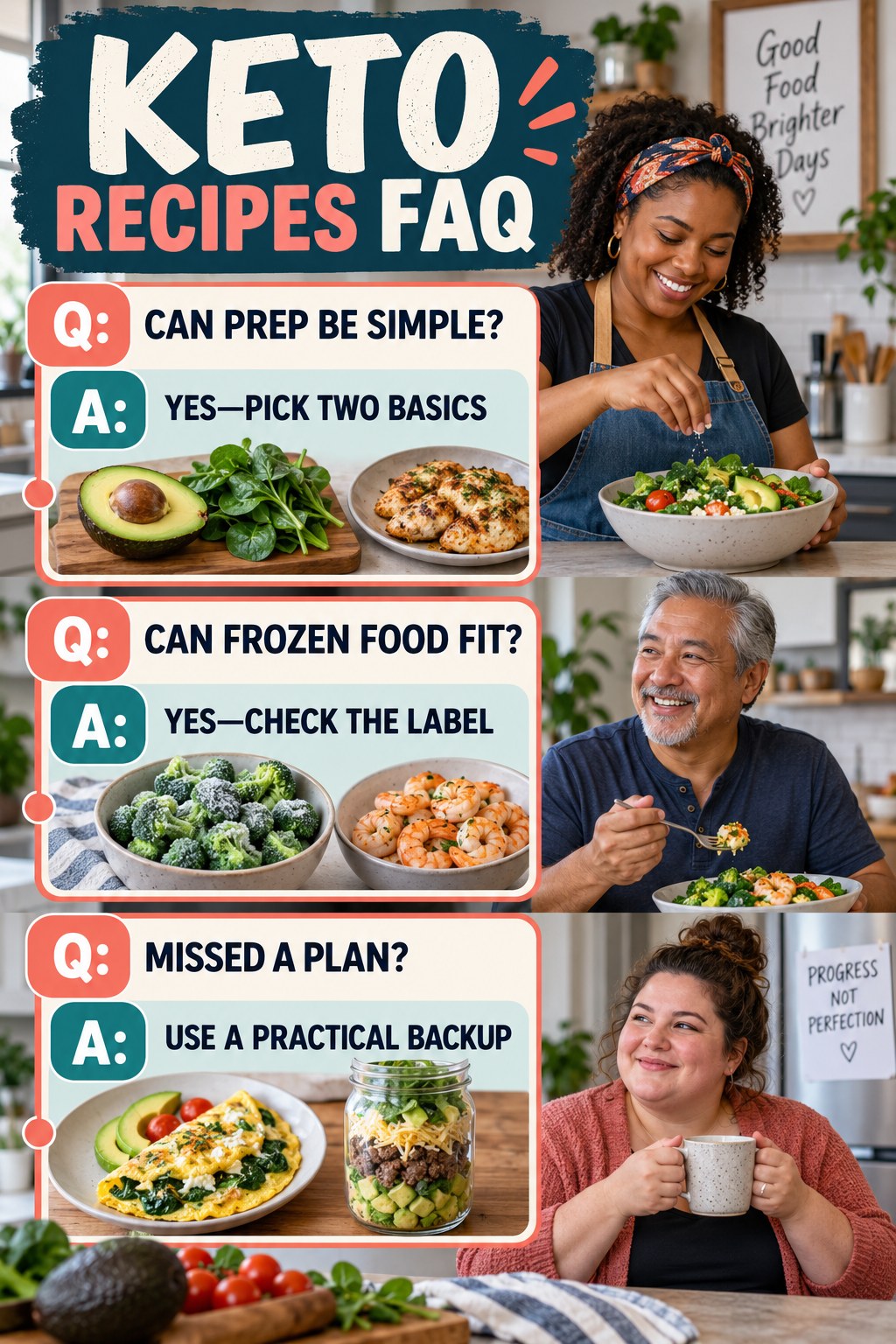 Keto Recipes FAQ graphic with three concise questions and practical answers for beginners.