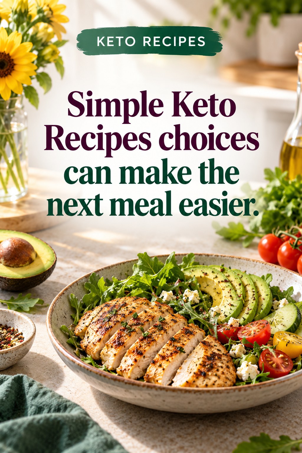 Original Keto Recipes quote graphic reading “Simple Keto Recipes choices can make the next meal easier.” in a board-relevant editorial design.