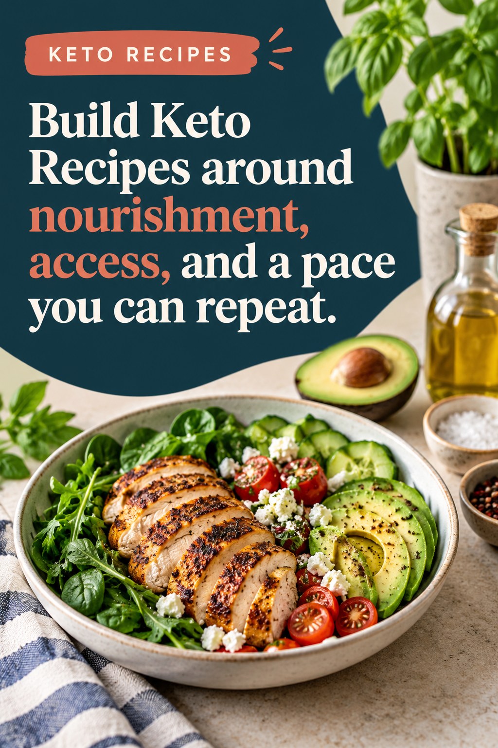 Original Keto Recipes quote graphic reading “Build Keto Recipes around nourishment, access, and a pace you can repeat.” in a board-relevant editorial design.