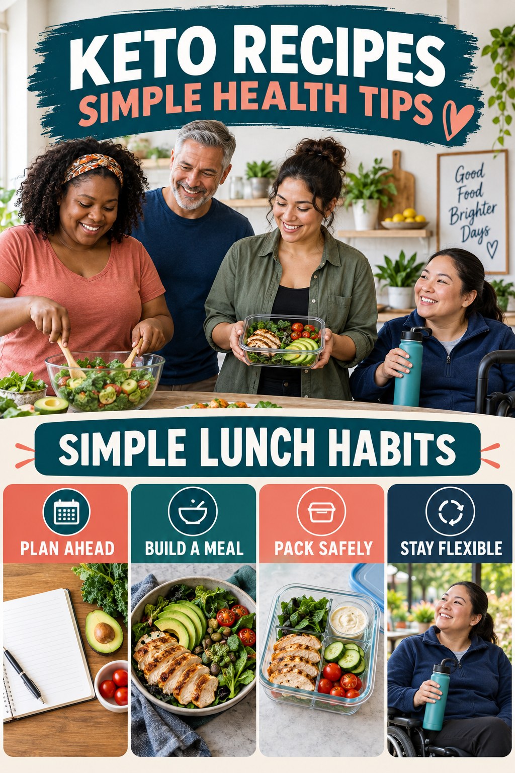 Keto Recipes simple-health graphic titled Simple Lunch Habits with four practical wellness prompts.