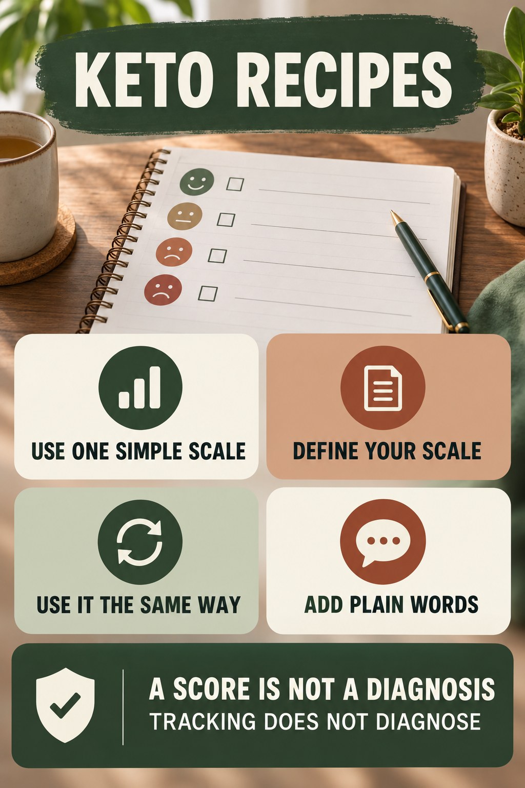 Use Symptom Scales Consistently urinary symptom tracking infographic for Keto Recipes with four practical diary points and a non-diagnostic reminder.