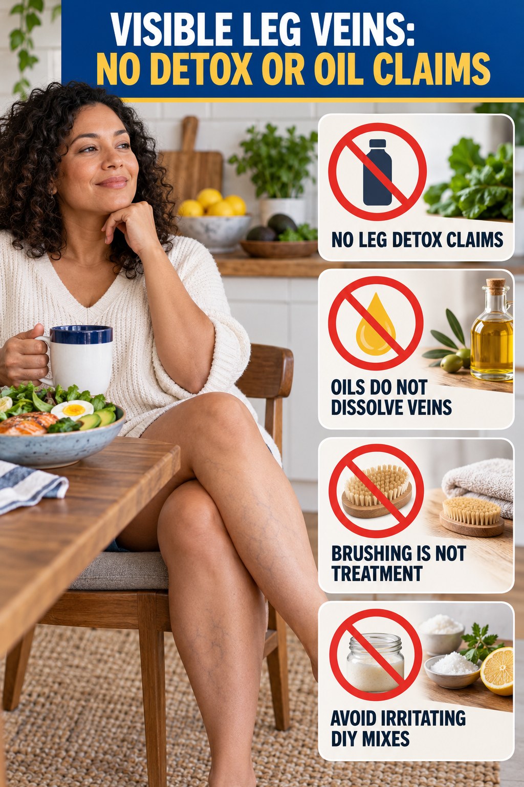 No Detox or Oil Claims infographic for Keto Recipes, showing body-neutral visible-leg-vein appearance care and the boundary between temporary cosmetic support and treatment.