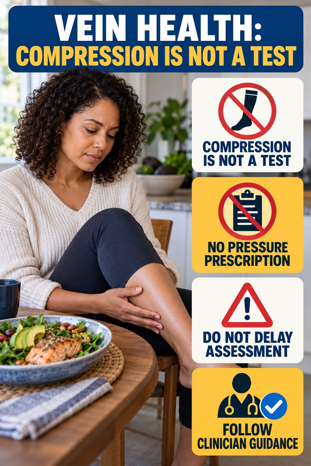 Compression Is Not a Test infographic for Keto Recipes, explaining vein-health warning signs and the appropriate next action without diagnosing a condition.