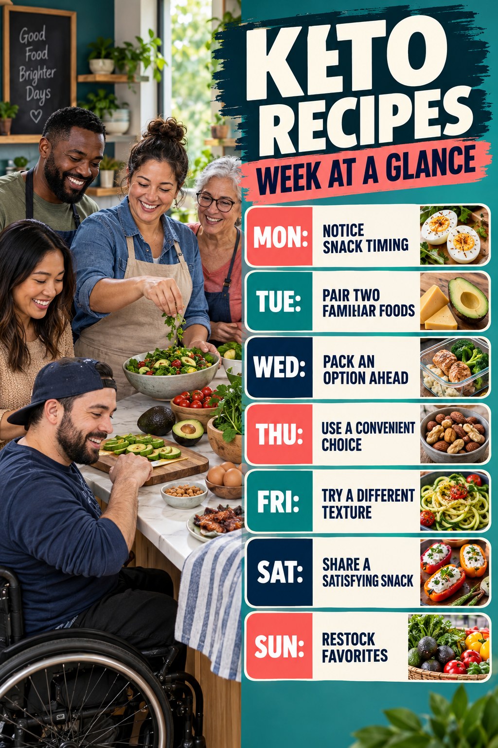 Weekly Keto Recipes plan graphic with concise Monday-to-Sunday actions and flexible recovery guidance.