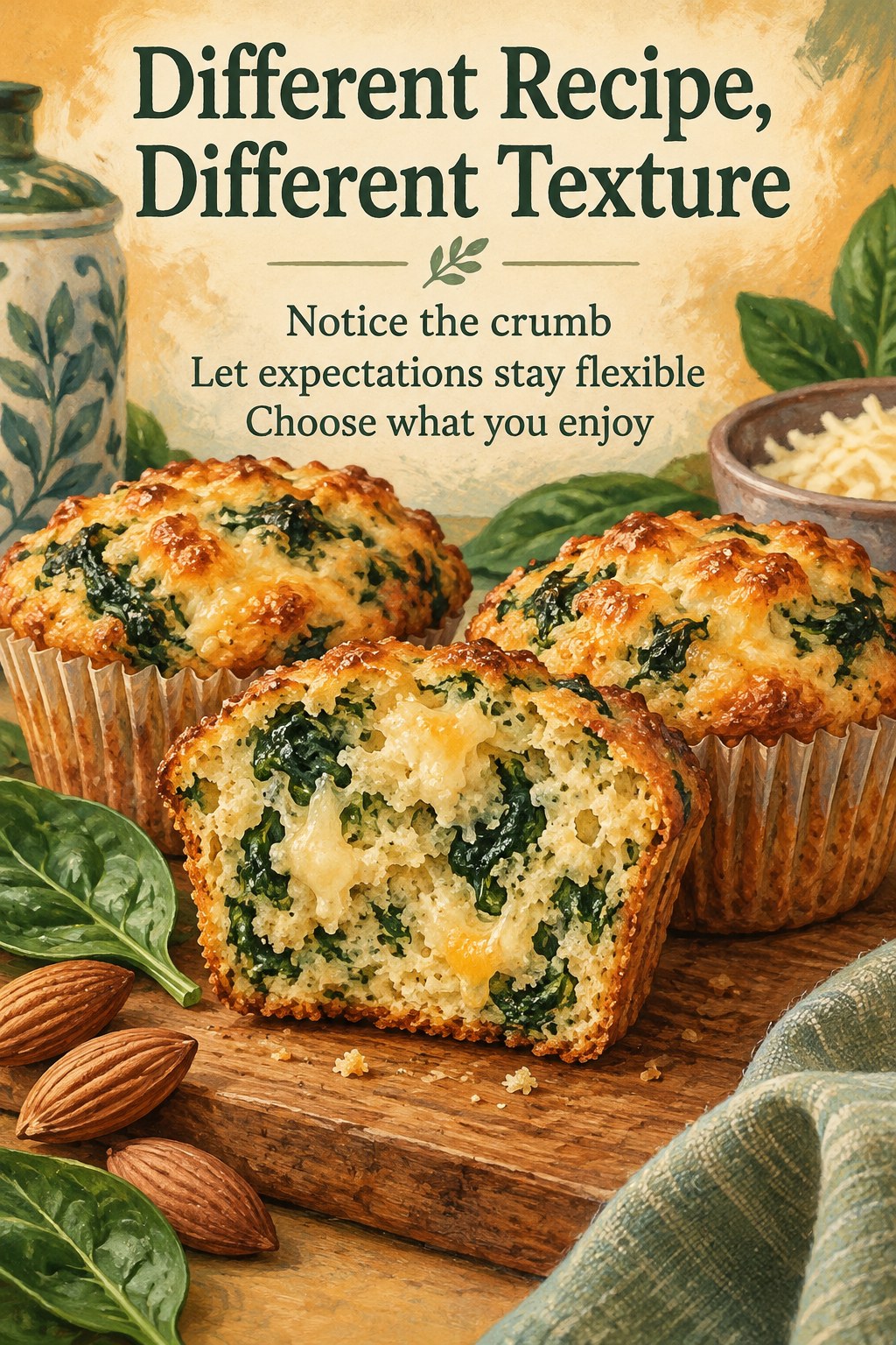 Savory spinach and cheese muffins with a cut surface showing their texture, under a curiosity-focused headline.