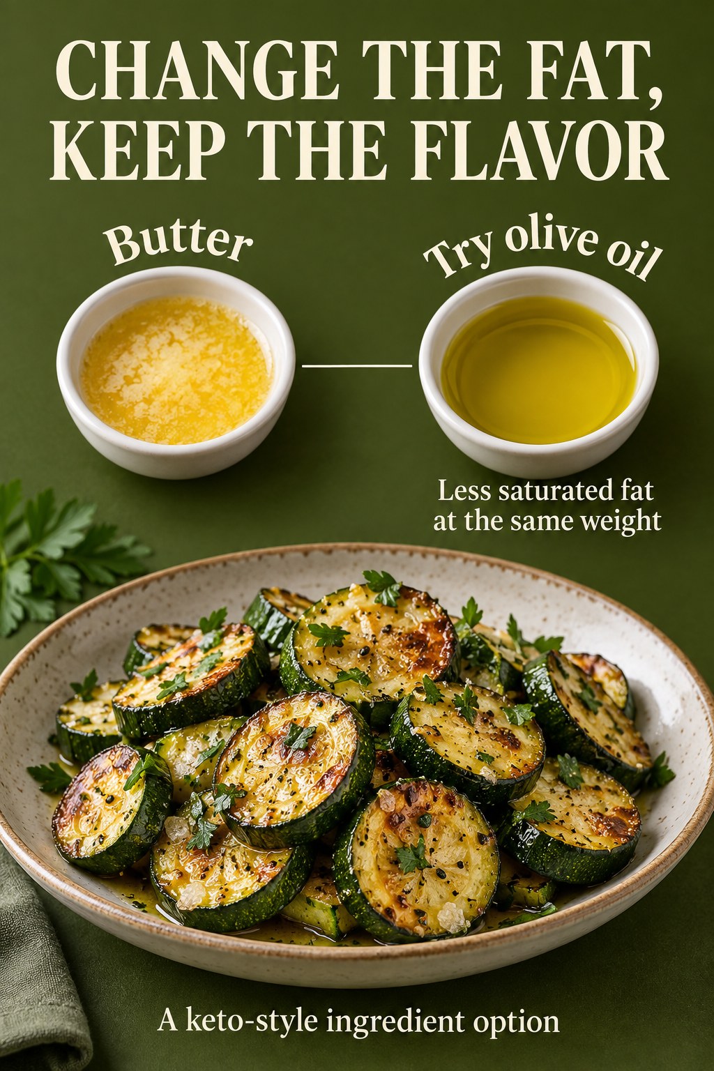 Olive-green poster compares melted butter and olive oil beside roasted zucchini with a less-saturated-fat message.