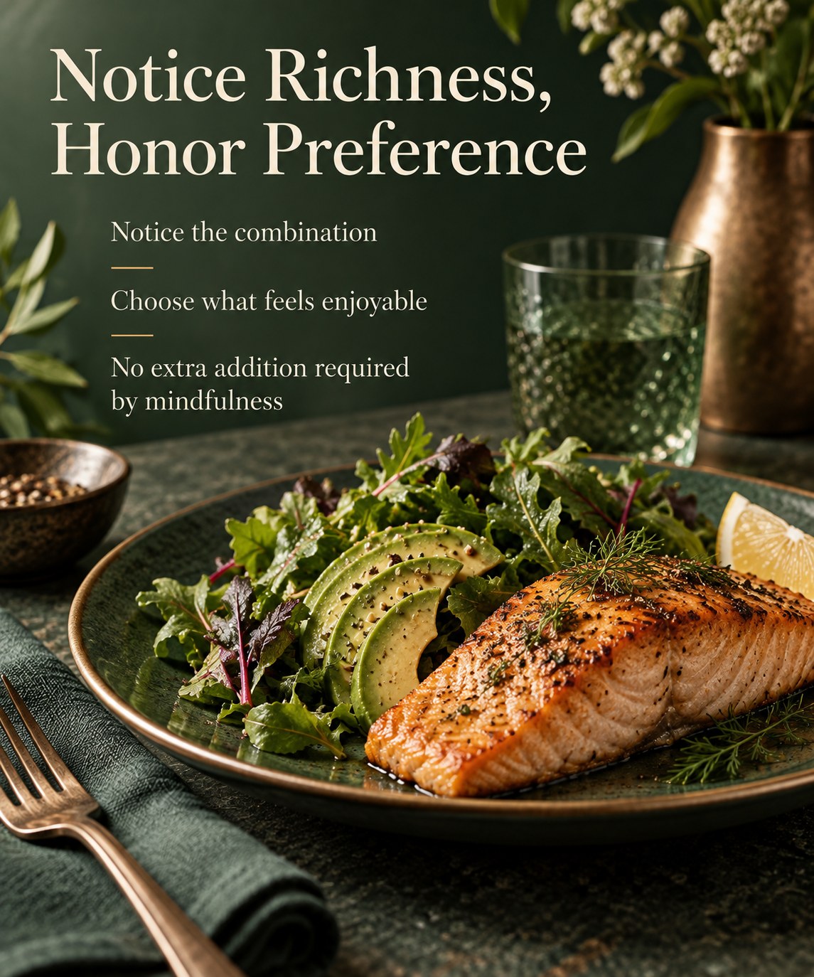 Salmon, avocado, and greens dinner with a headline inviting personal preference for richness and flavor.