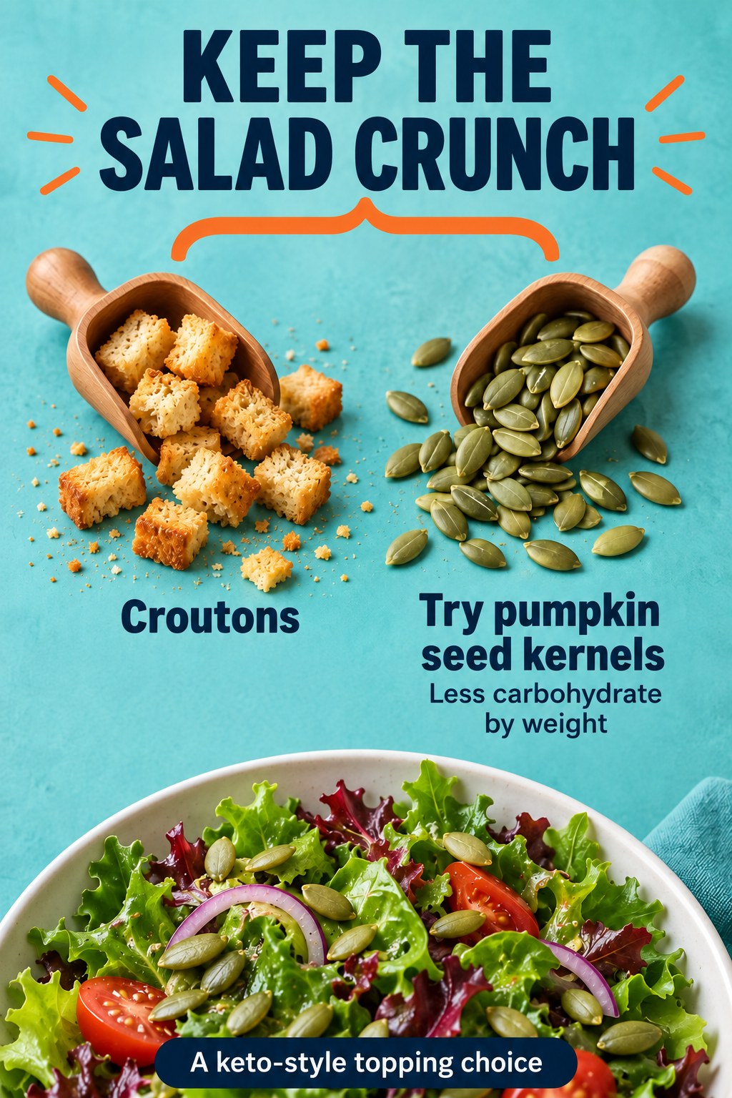 Turquoise graphic compares croutons with pumpkin seed kernels above a seed-topped salad, noting less carbohydrate by weight.