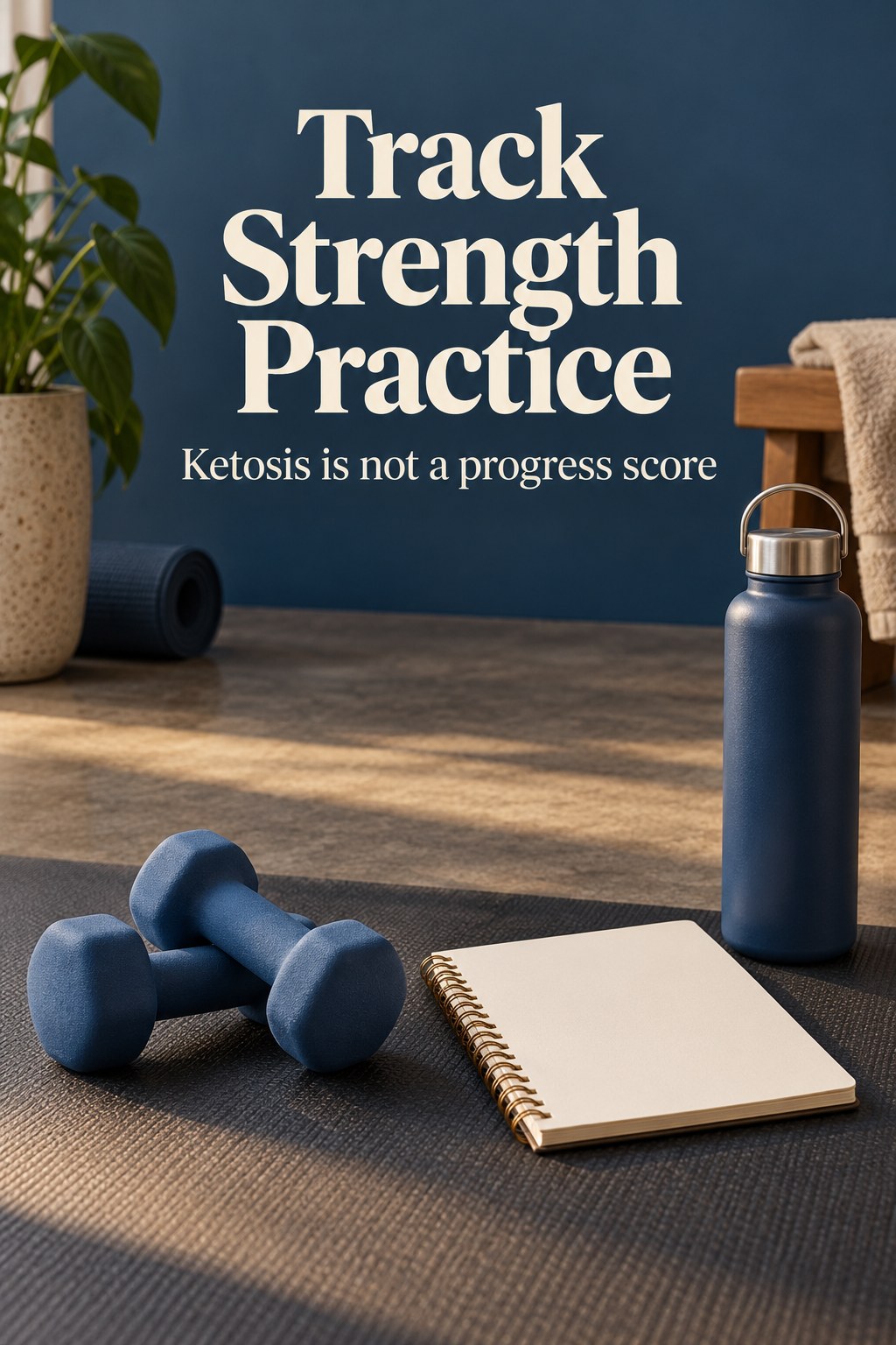 Training notebook beside light dumbbells with a headline about measuring strength practice.