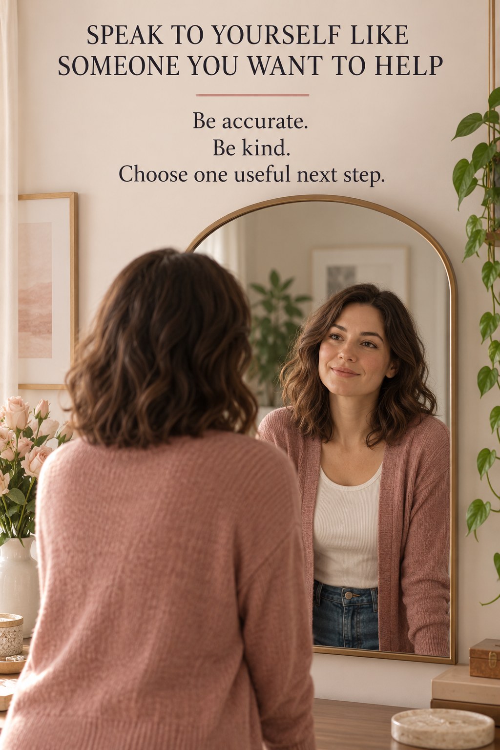 An adult in everyday clothing looking calmly at her reflection in a securely mounted mirror.
