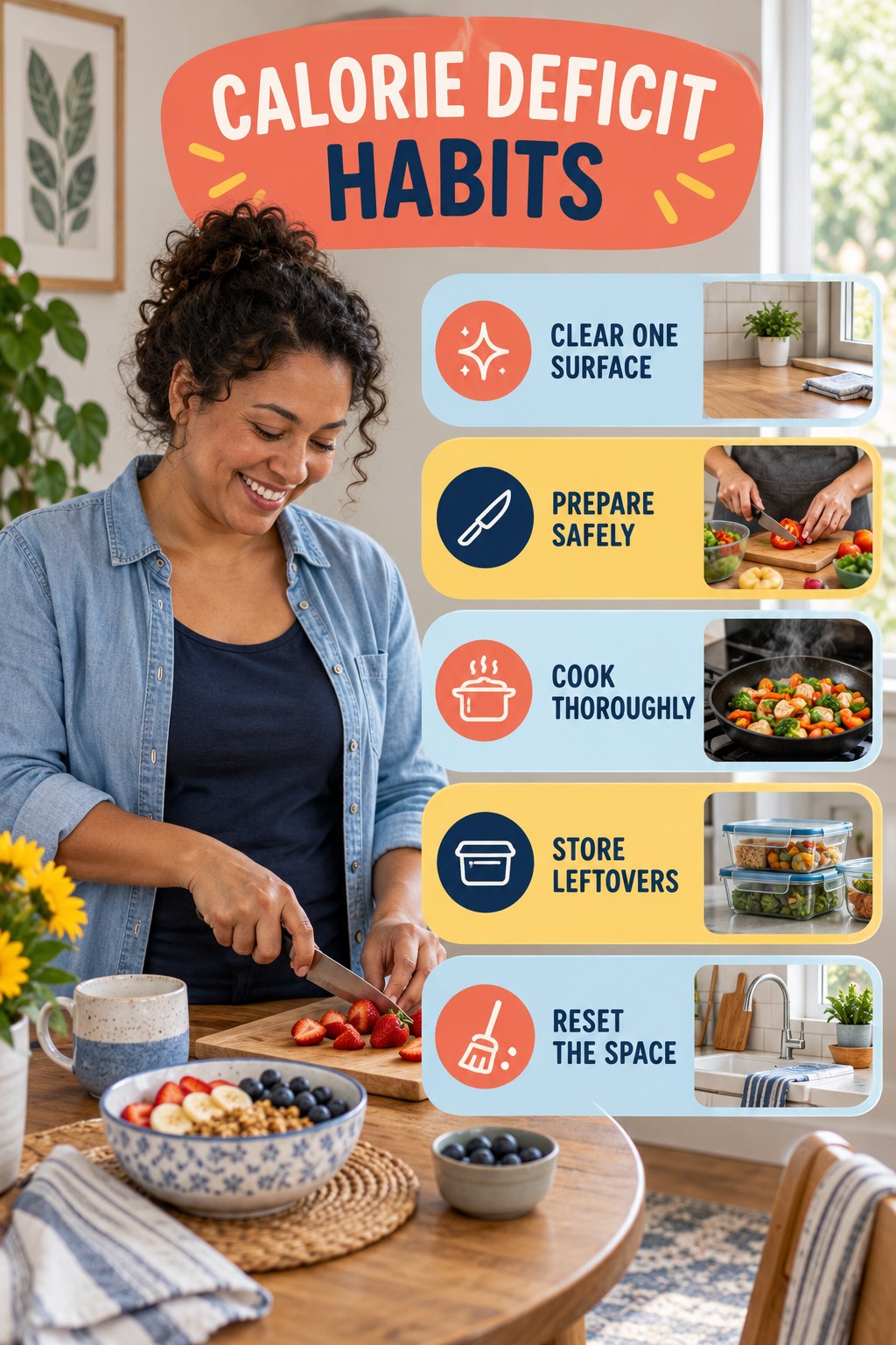 Kitchen Routine Habits for Calorie Deficit with five readable habit cues and a realistic board-relevant wellness scene.