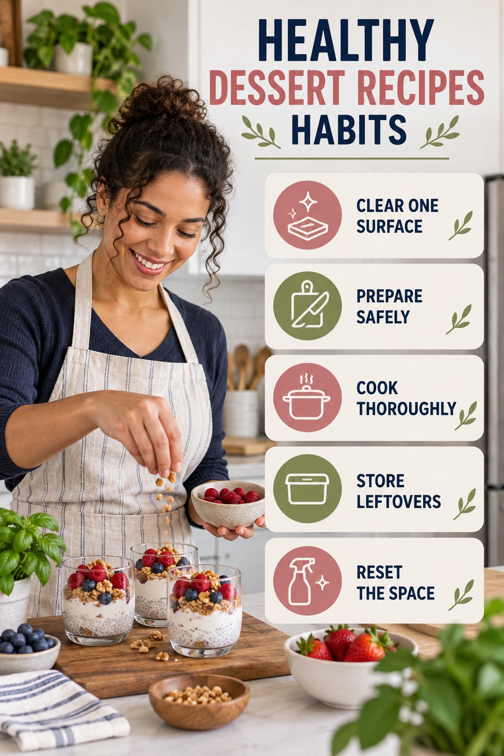 Kitchen Routine Habits for Healthy Dessert Recipes with five readable habit cues and a realistic board-relevant wellness scene.