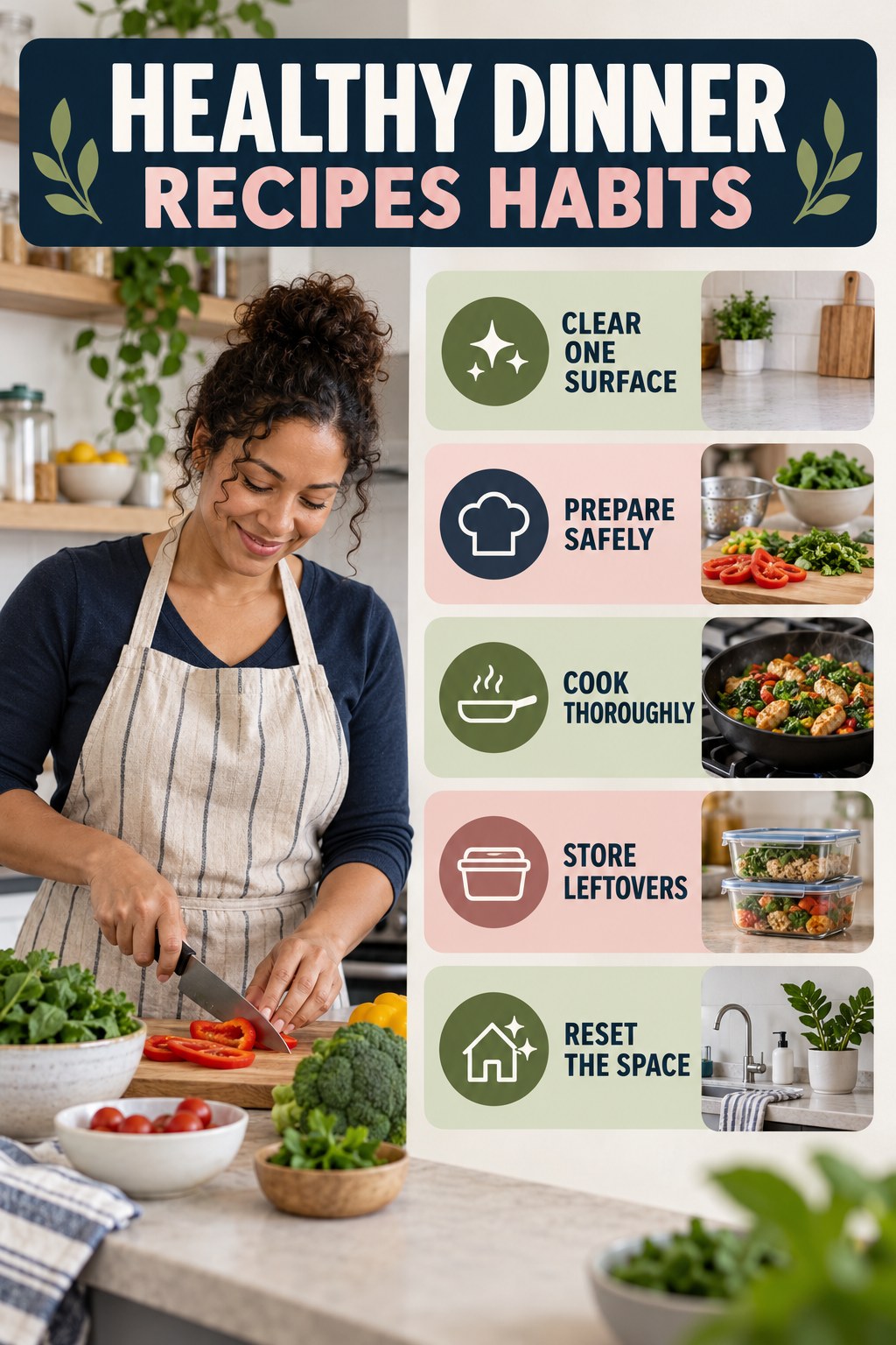 Kitchen Routine Habits for Healthy Dinner Recipes with five readable habit cues and a realistic board-relevant wellness scene.