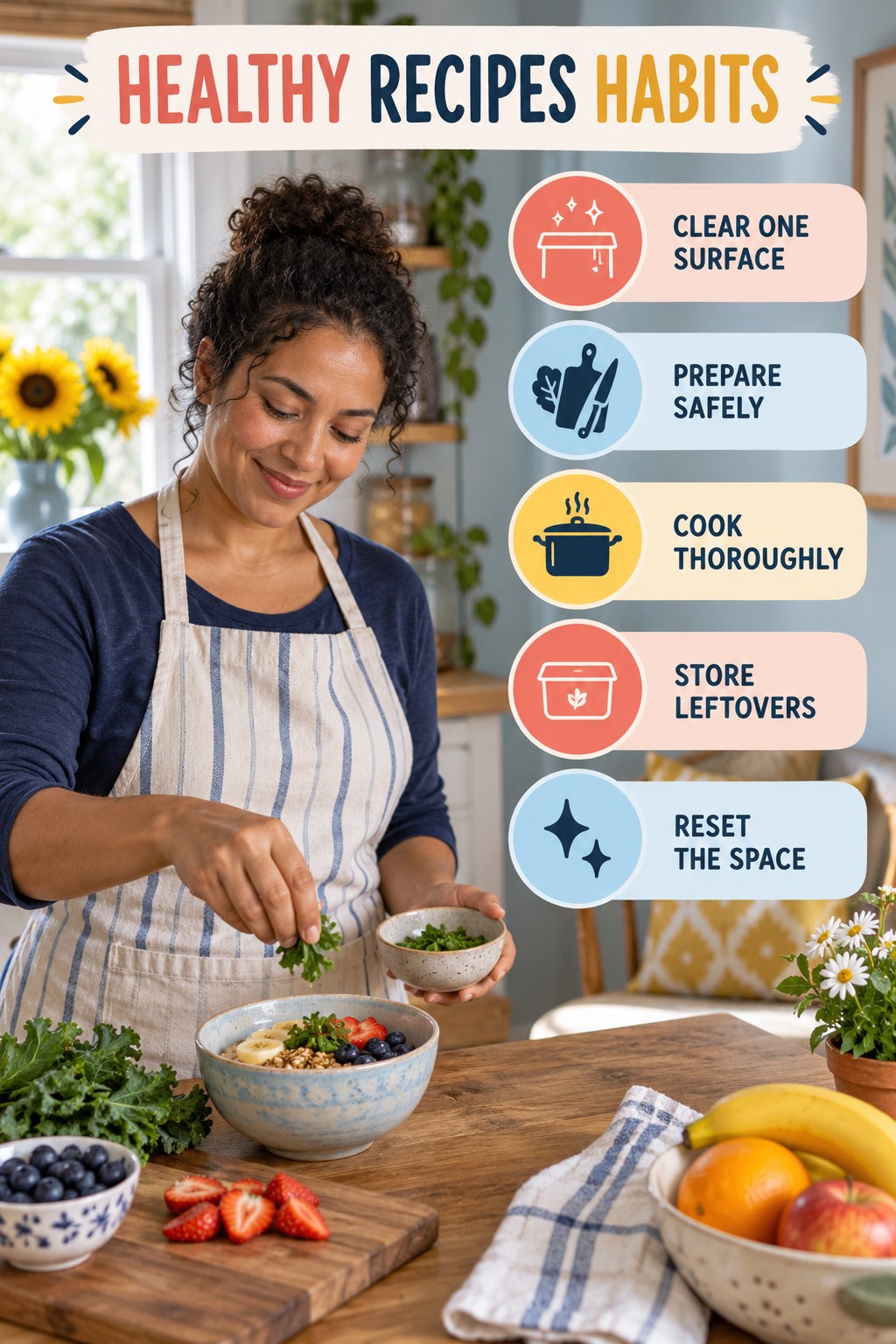 Kitchen Routine Habits for Healthy Recipes with five readable habit cues and a realistic board-relevant wellness scene.