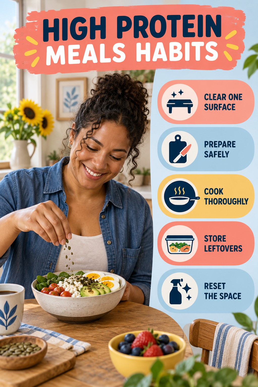 Kitchen Routine Habits for High Protein Meals with five readable habit cues and a realistic board-relevant wellness scene.