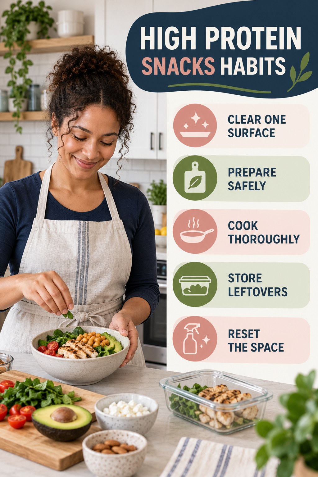 Kitchen Routine Habits for High Protein Snacks with five readable habit cues and a realistic board-relevant wellness scene.
