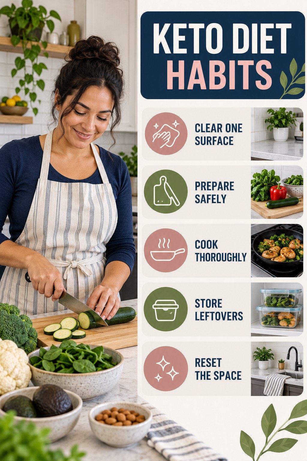 Kitchen Routine Habits for Keto Diet with five readable habit cues and a realistic board-relevant wellness scene.