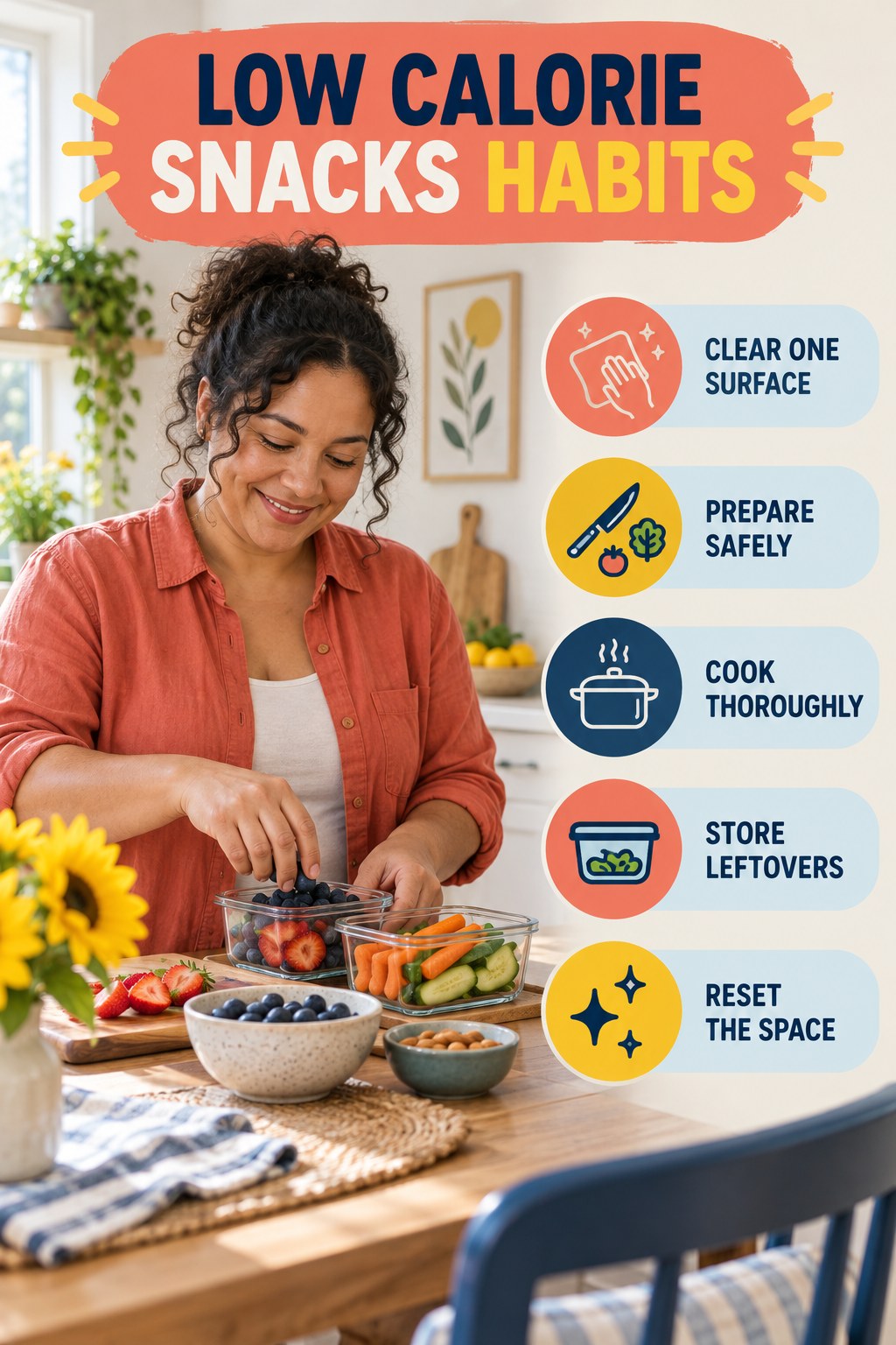 Kitchen Routine Habits for Low Calorie Snacks with five readable habit cues and a realistic board-relevant wellness scene.