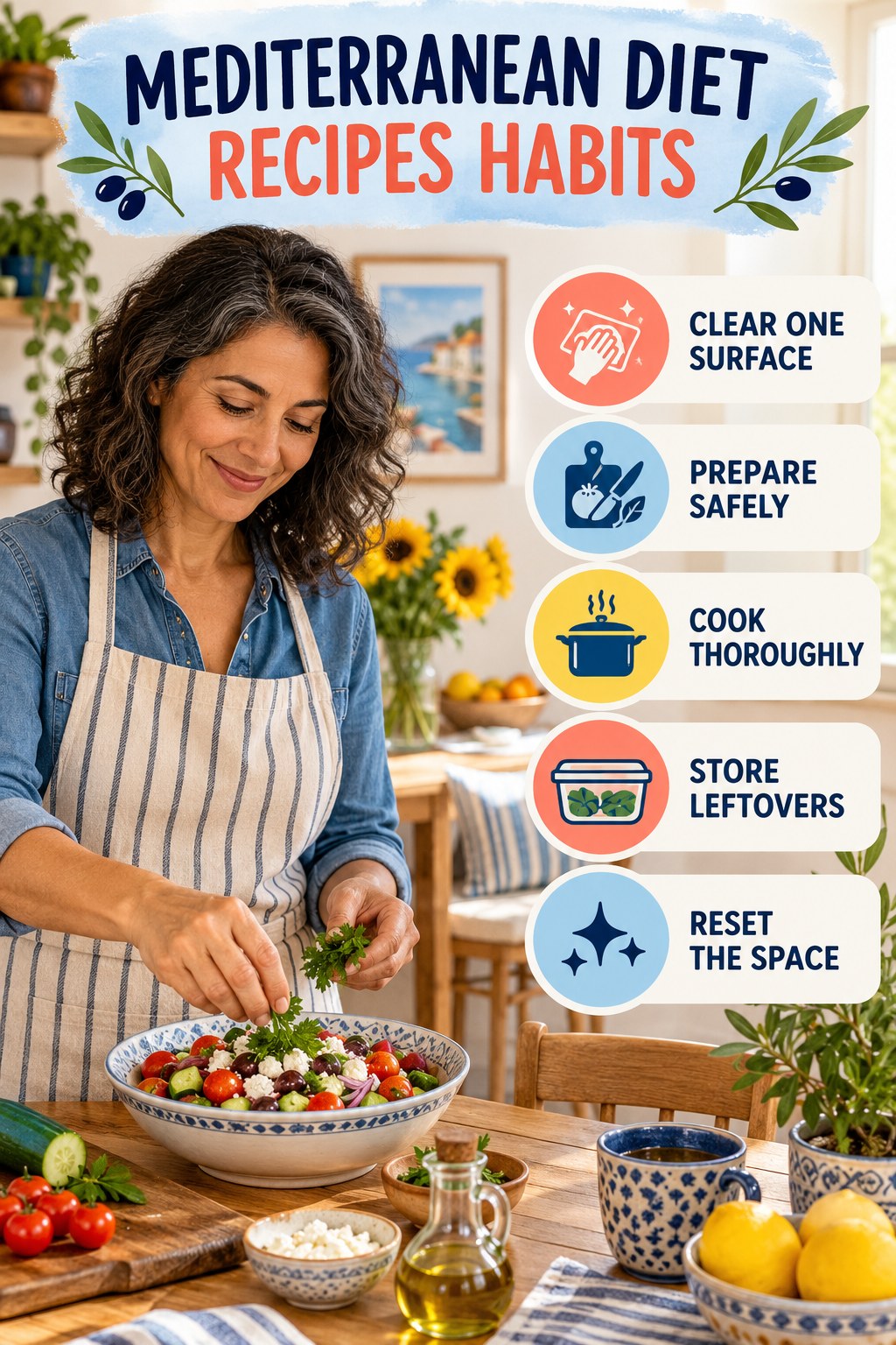 Kitchen Routine Habits for Mediterranean Diet Recipes with five readable habit cues and a realistic board-relevant wellness scene.