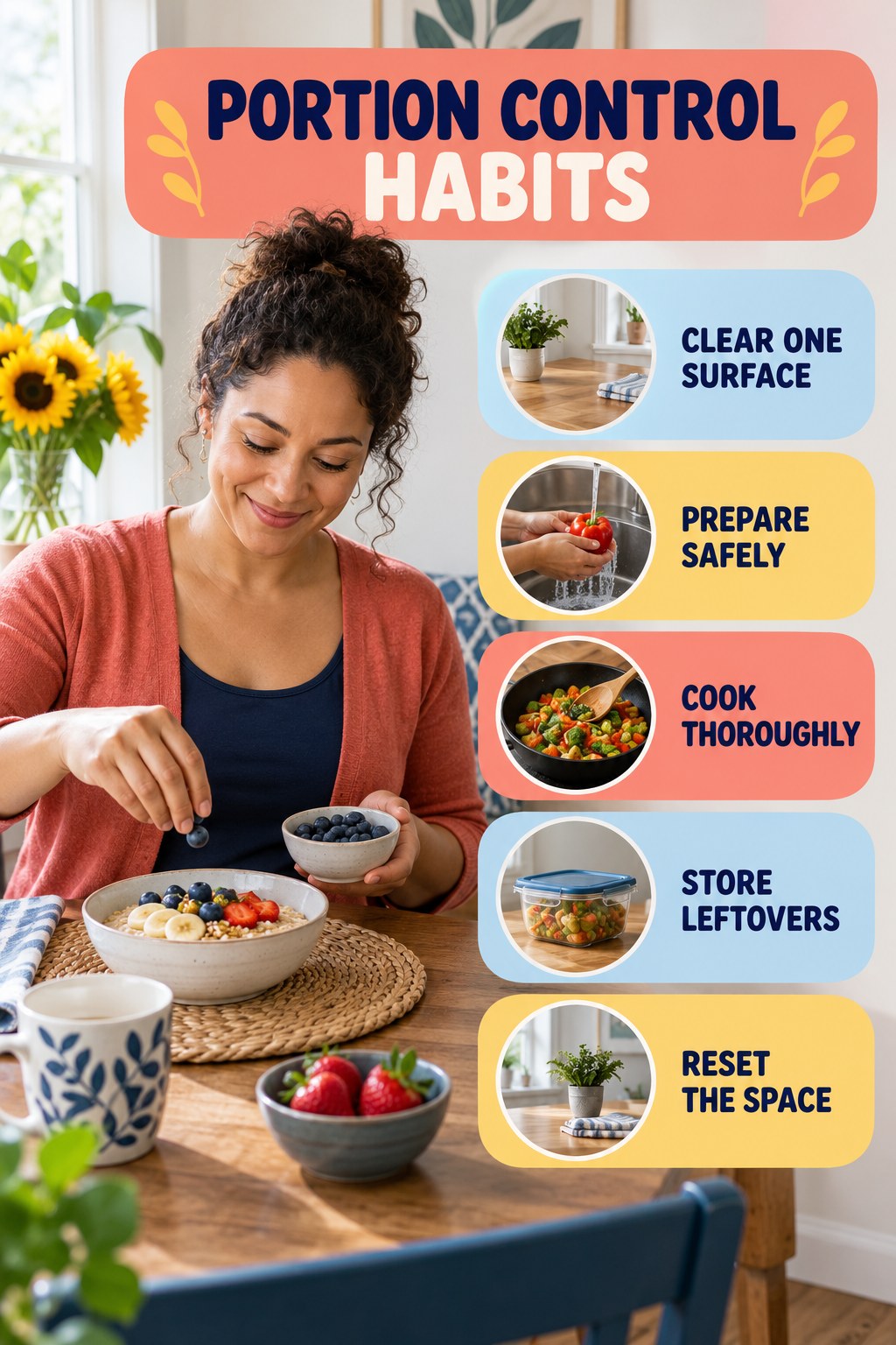 Kitchen Routine Habits for Portion Control with five readable habit cues and a realistic board-relevant wellness scene.