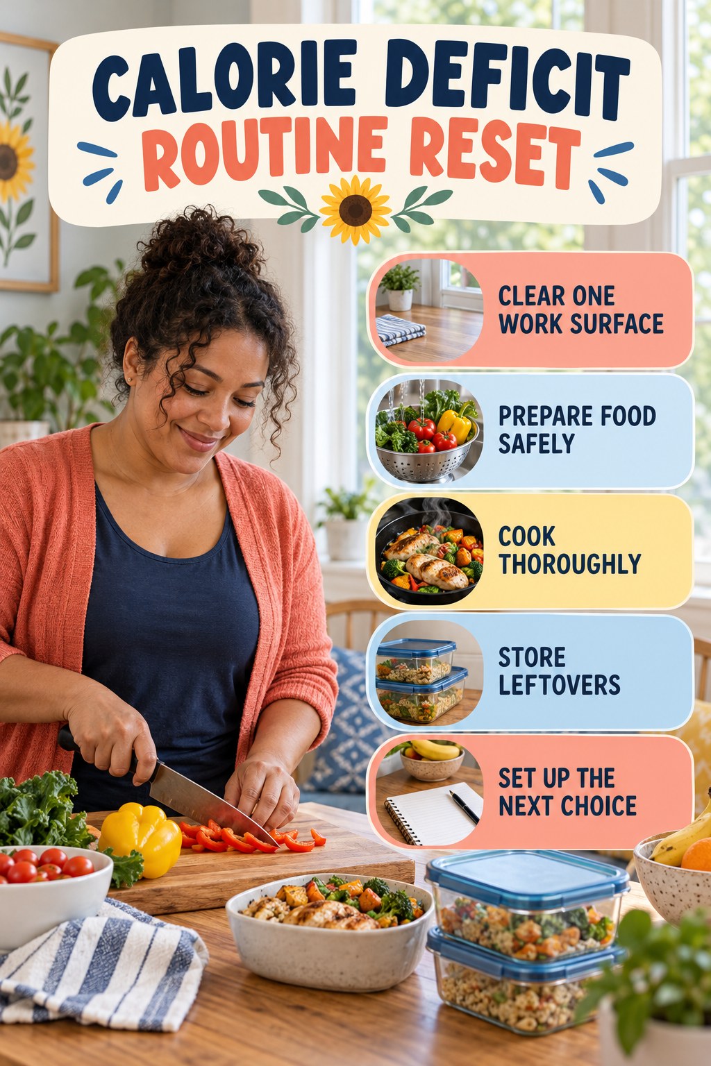 Kitchen Routine Reset for Calorie Deficit with five readable routine-reset cues and a realistic board-relevant wellness scene.