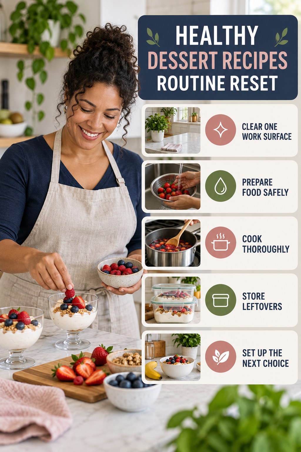 Kitchen Routine Reset for Healthy Dessert Recipes with five readable routine-reset cues and a realistic board-relevant wellness scene.