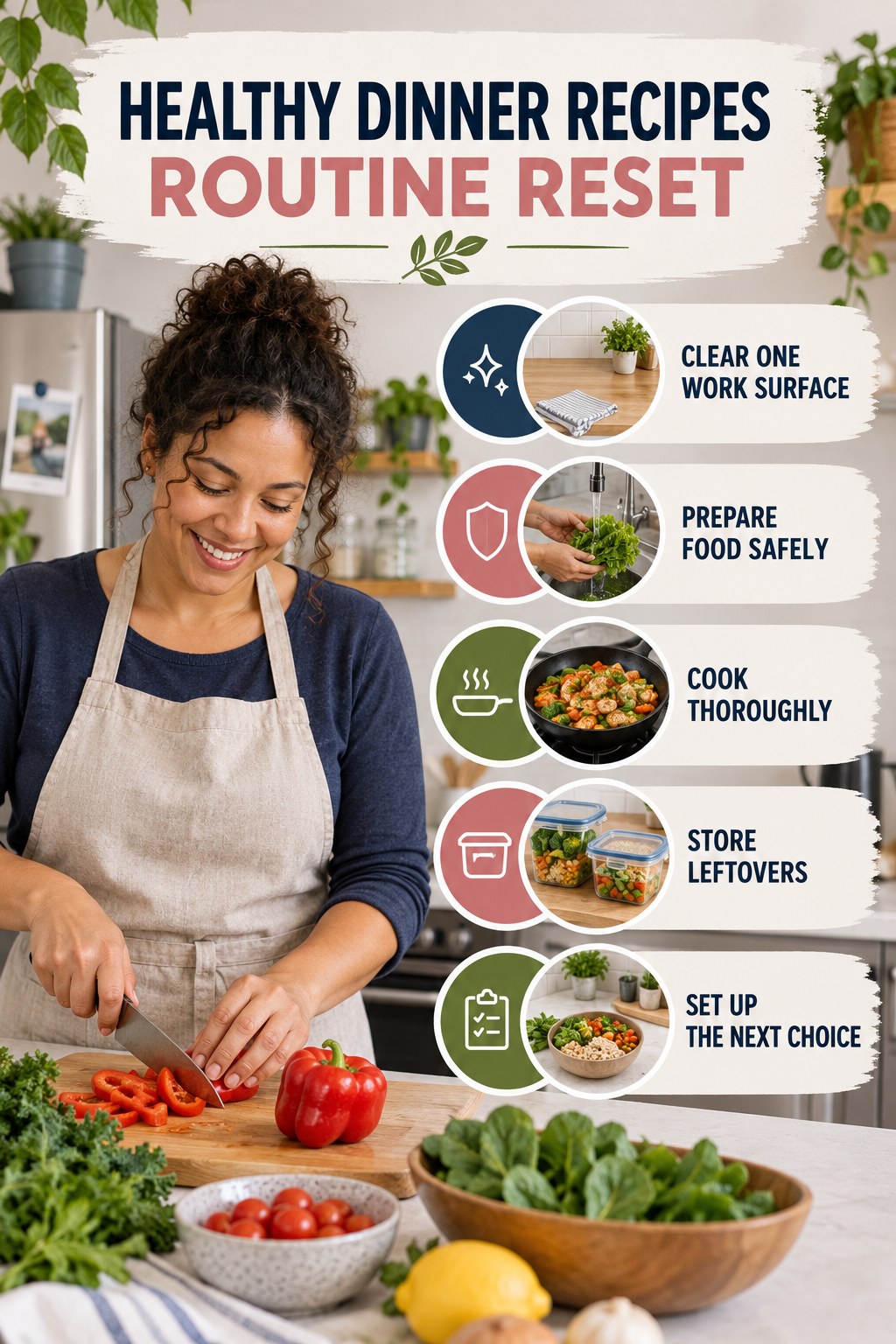 Kitchen Routine Reset for Healthy Dinner Recipes with five readable routine-reset cues and a realistic board-relevant wellness scene.