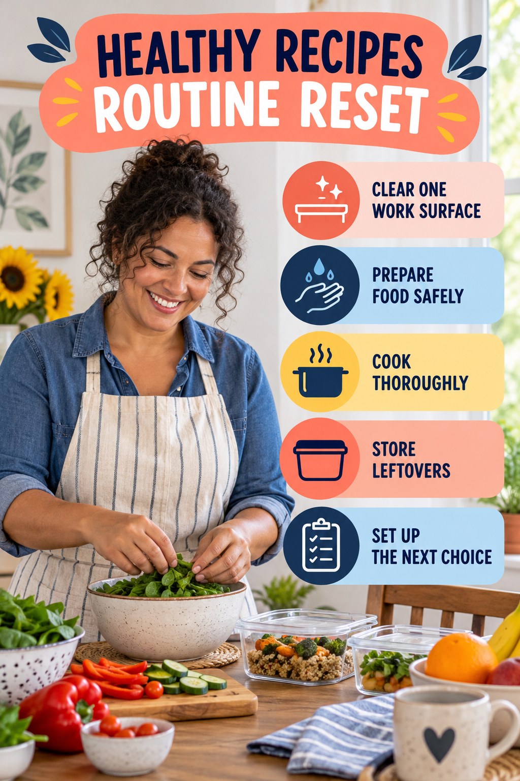 Kitchen Routine Reset for Healthy Recipes with five readable routine-reset cues and a realistic board-relevant wellness scene.
