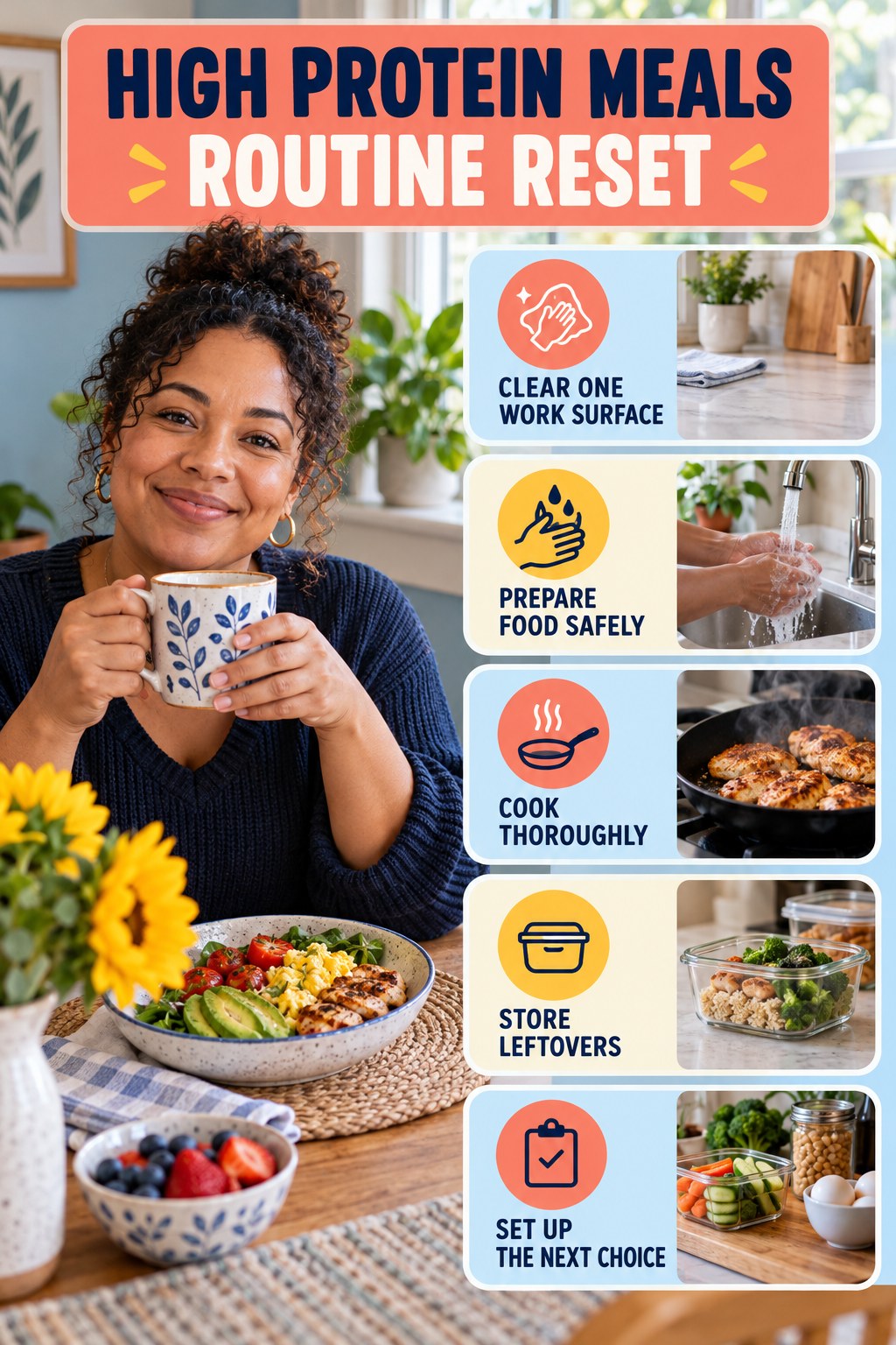 Kitchen Routine Reset for High Protein Meals with five readable routine-reset cues and a realistic board-relevant wellness scene.