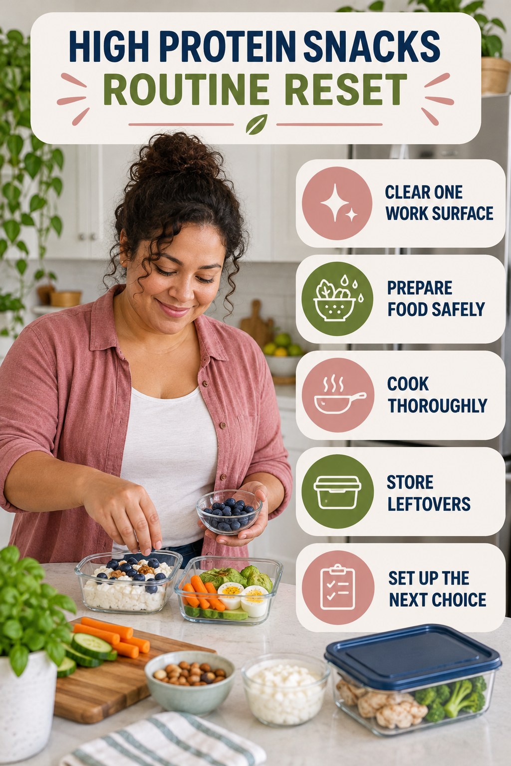 Kitchen Routine Reset for High Protein Snacks with five readable routine-reset cues and a realistic board-relevant wellness scene.