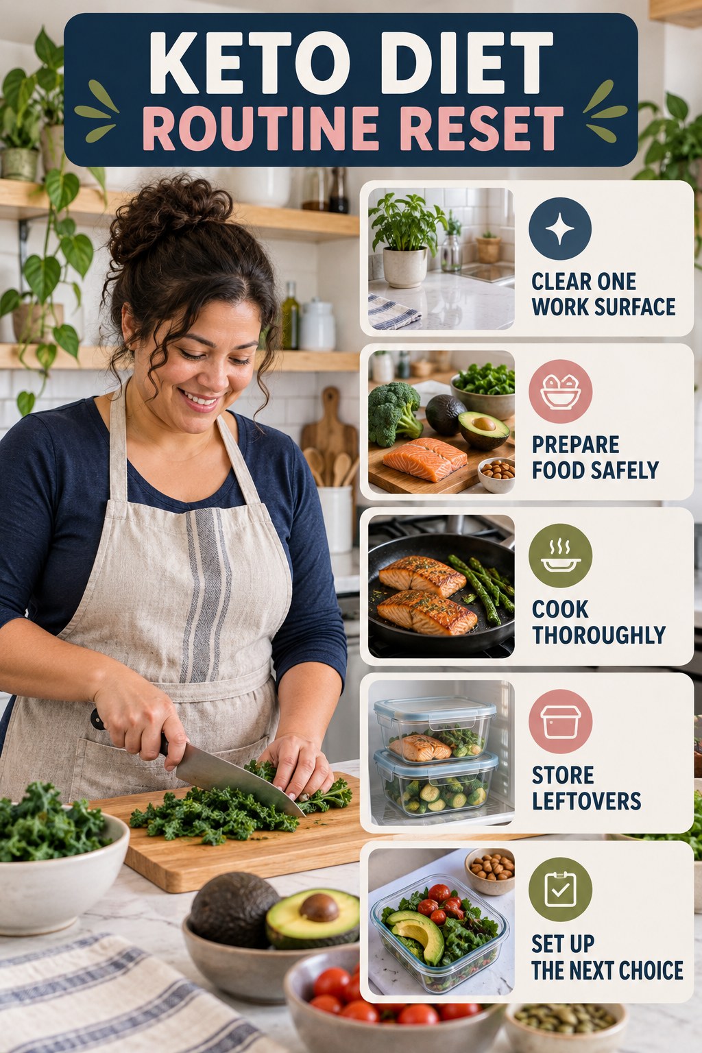 Kitchen Routine Reset for Keto Diet with five readable routine-reset cues and a realistic board-relevant wellness scene.