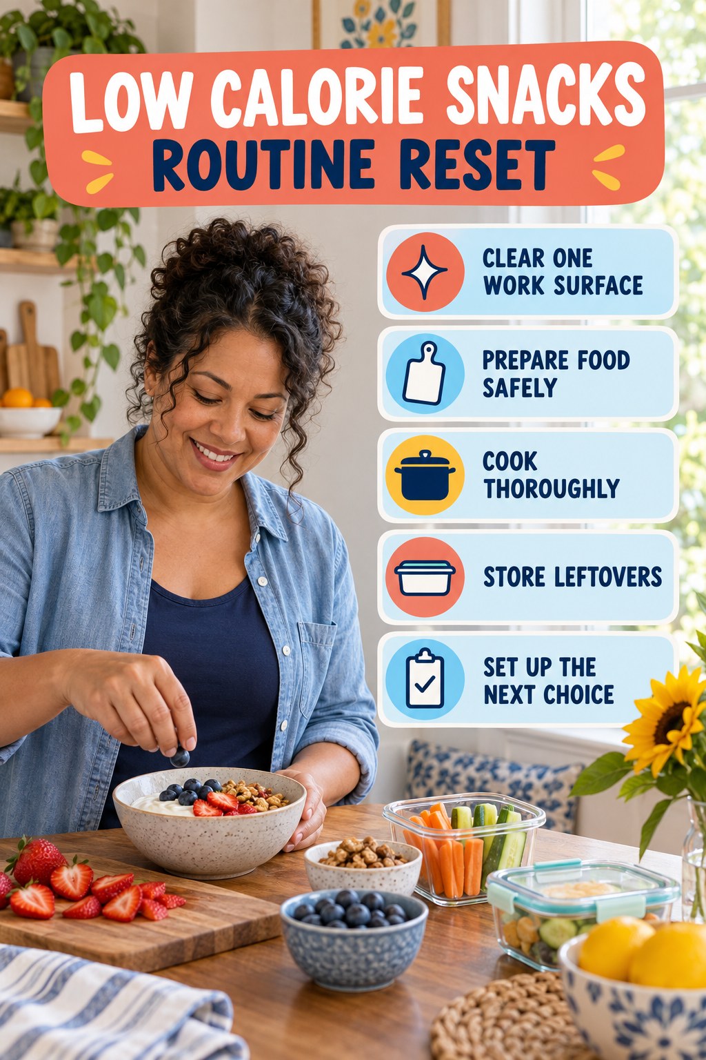 Kitchen Routine Reset for Low Calorie Snacks with five readable routine-reset cues and a realistic board-relevant wellness scene.