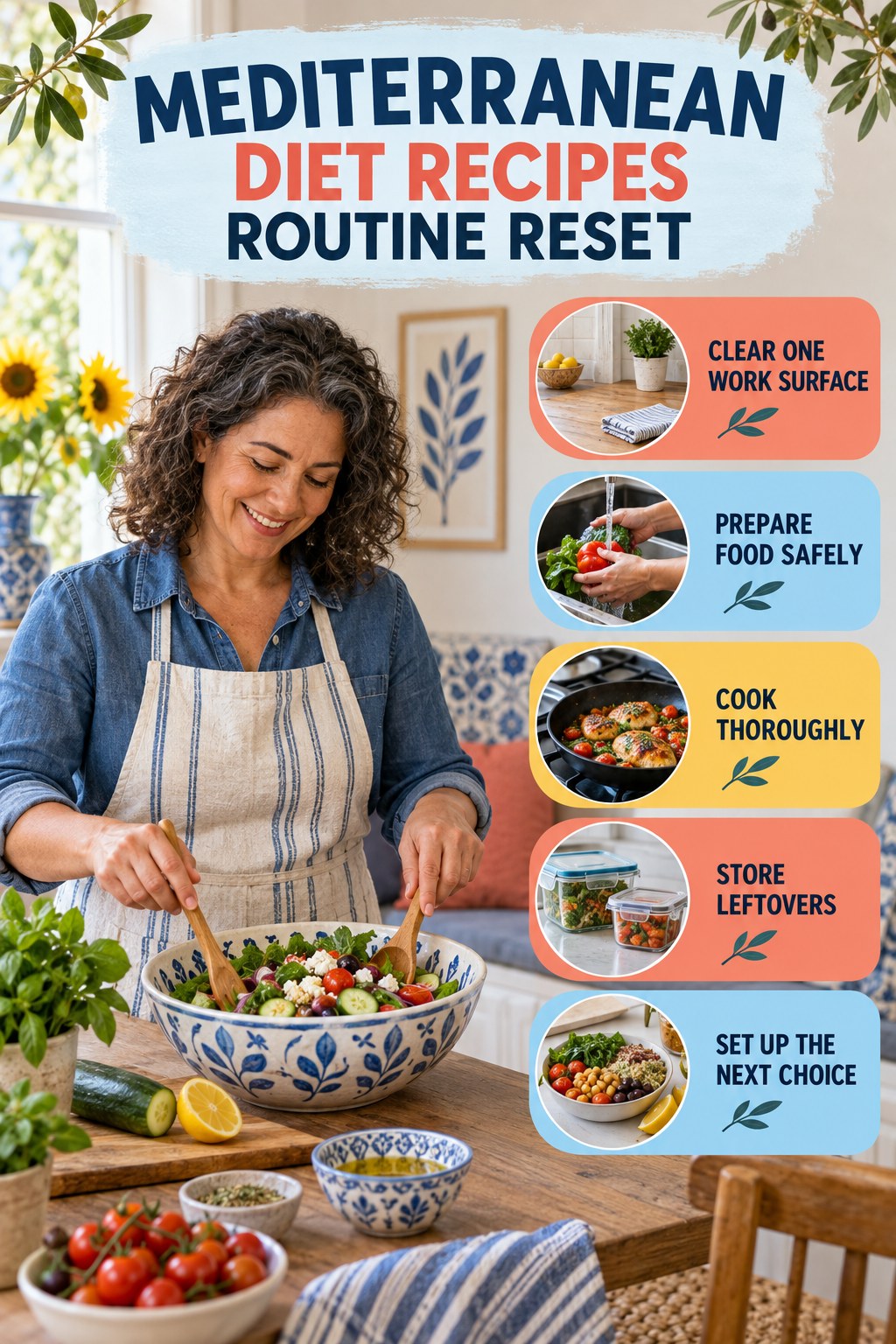 Kitchen Routine Reset for Mediterranean Diet Recipes with five readable routine-reset cues and a realistic board-relevant wellness scene.