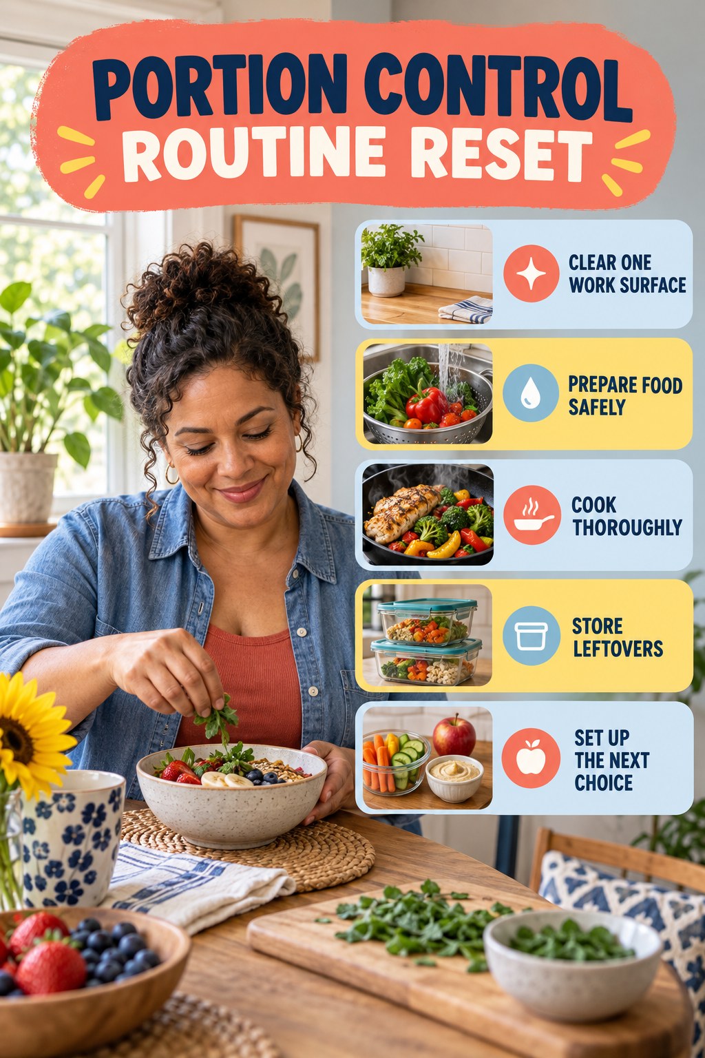 Kitchen Routine Reset for Portion Control with five readable routine-reset cues and a realistic board-relevant wellness scene.