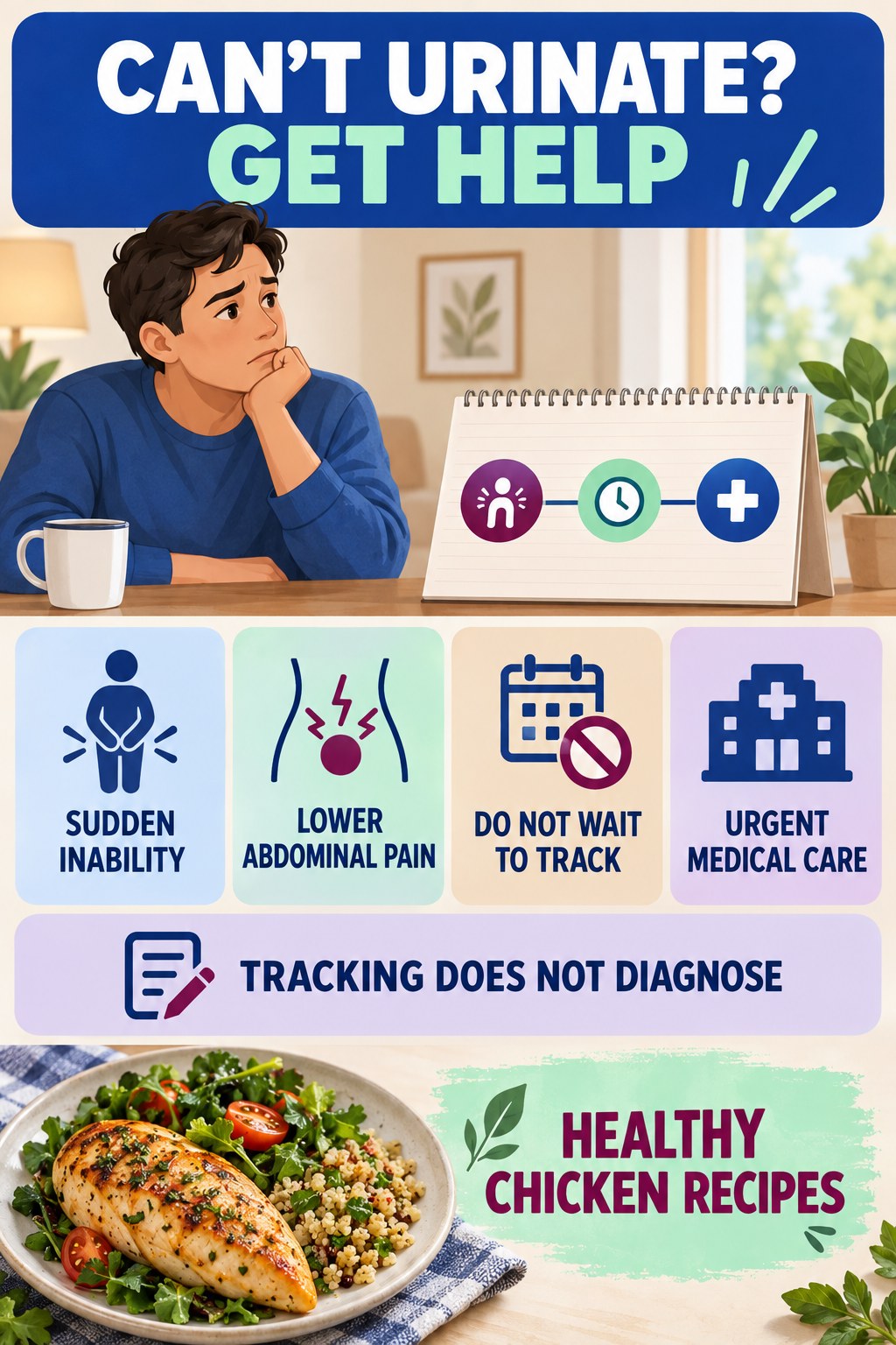 Know the Urinary Retention Emergency urinary symptom tracking infographic for Healthy Chicken Recipes with four practical diary points and a non-diagnostic reminder.