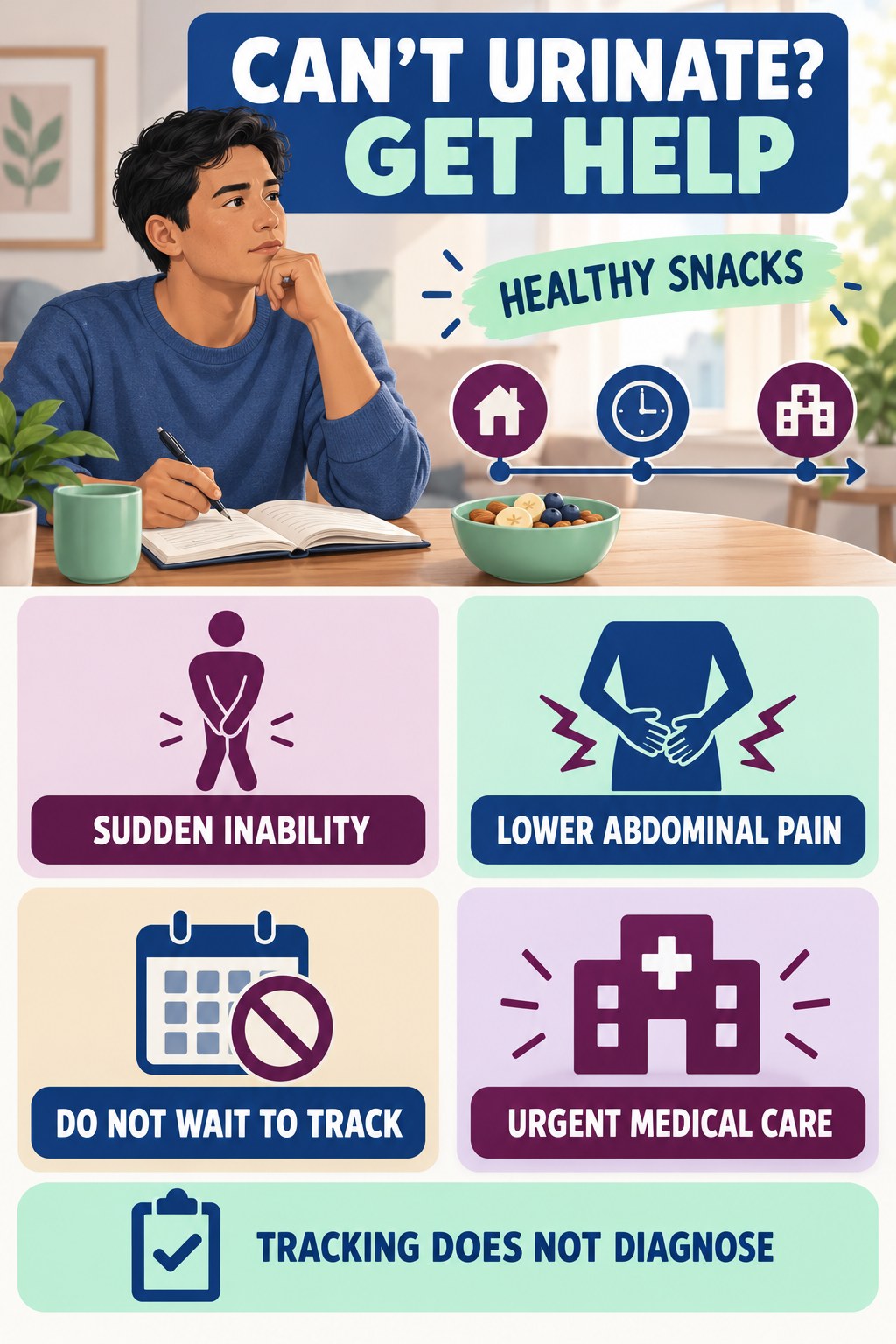 Know the Urinary Retention Emergency urinary symptom tracking infographic for Healthy Snacks with four practical diary points and a non-diagnostic reminder.