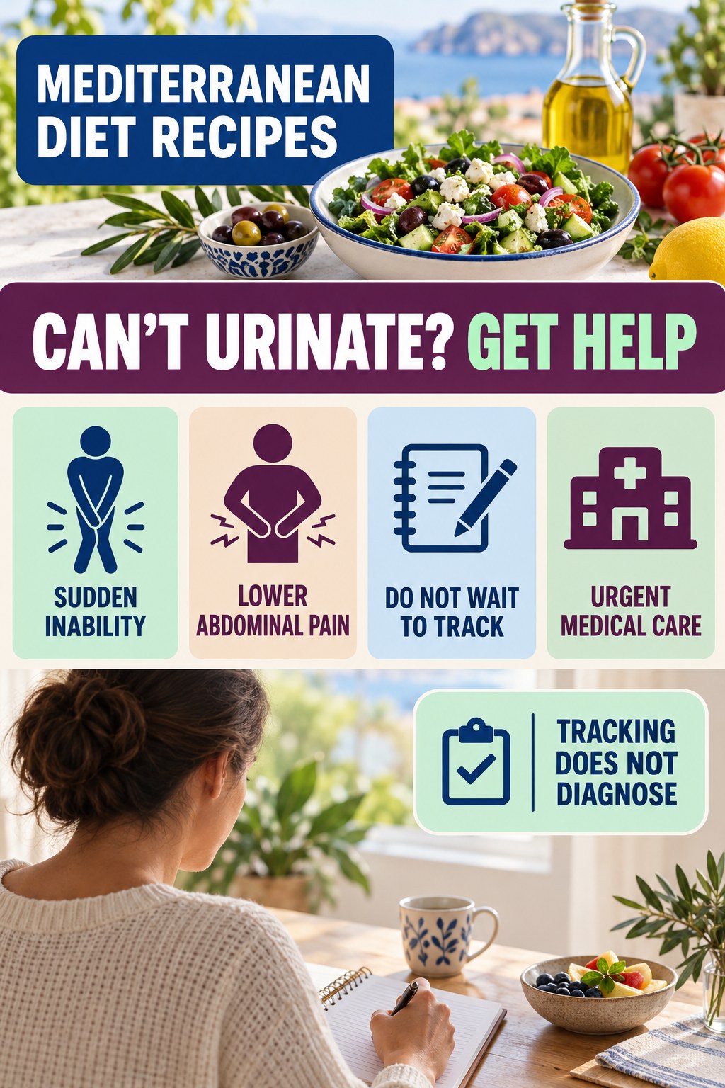 Know the Urinary Retention Emergency urinary symptom tracking infographic for Mediterranean Diet Recipes with four practical diary points and a non-diagnostic reminder.