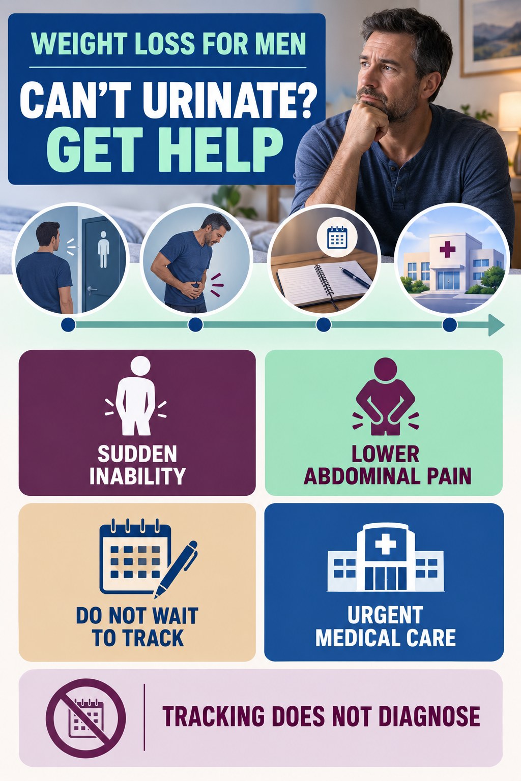 Know the Urinary Retention Emergency urinary symptom tracking infographic for Weight Loss for Men with four practical diary points and a non-diagnostic reminder.