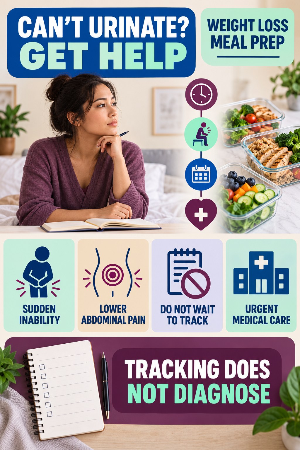 Know the Urinary Retention Emergency urinary symptom tracking infographic for Weight Loss Meal Prep with four practical diary points and a non-diagnostic reminder.