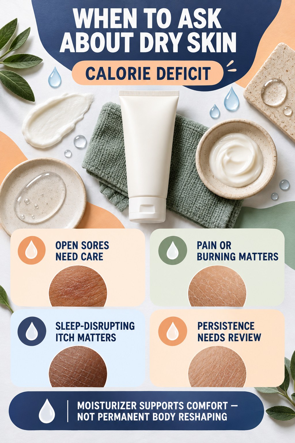 Know When Dry Skin Needs Professional Review body-moisturization infographic for Calorie Deficit with four body-neutral comfort actions.